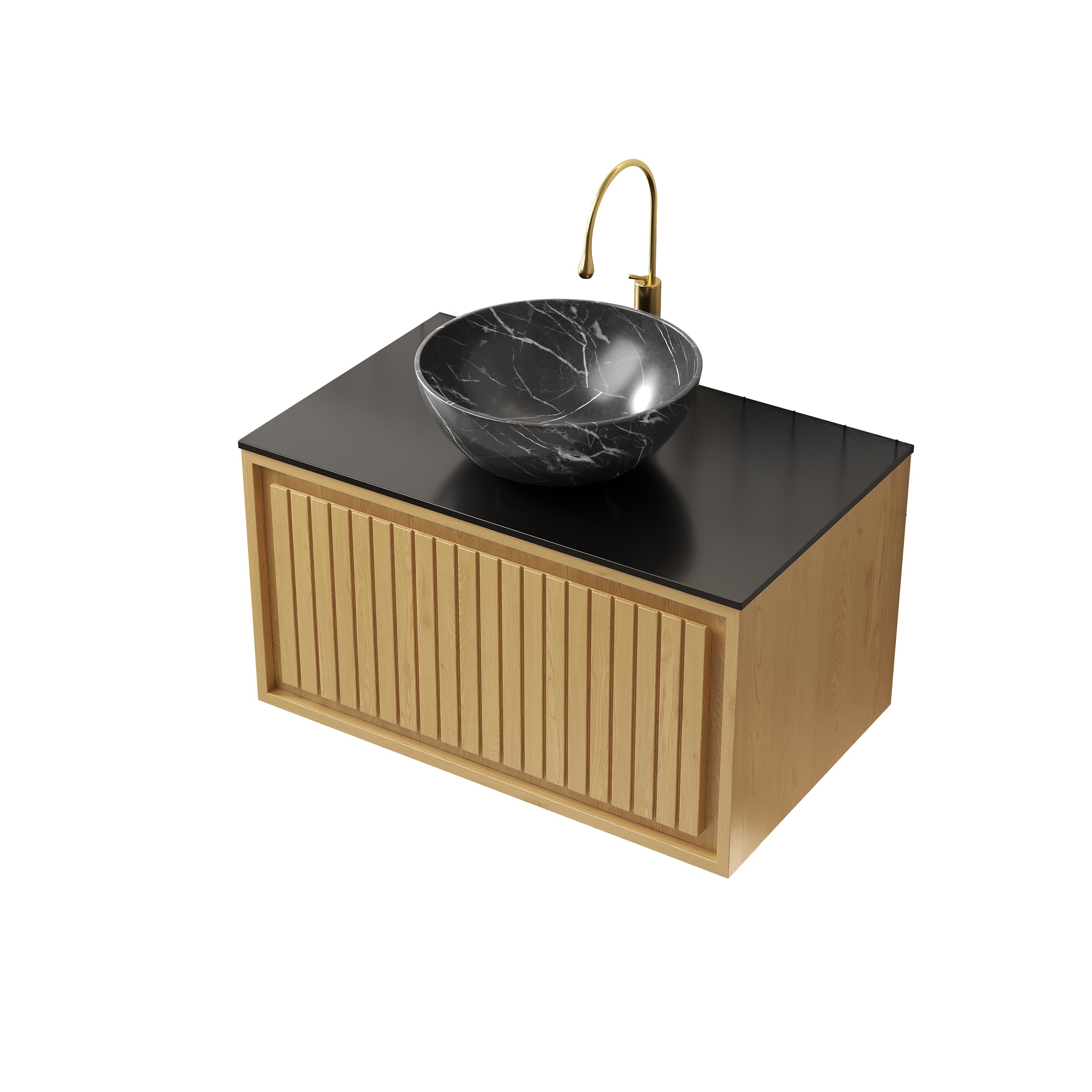 KOLAS Wall-Mounted Sink & Cabinet with Drawer, 61cm - Black Ceramic & Oak Wood Grain