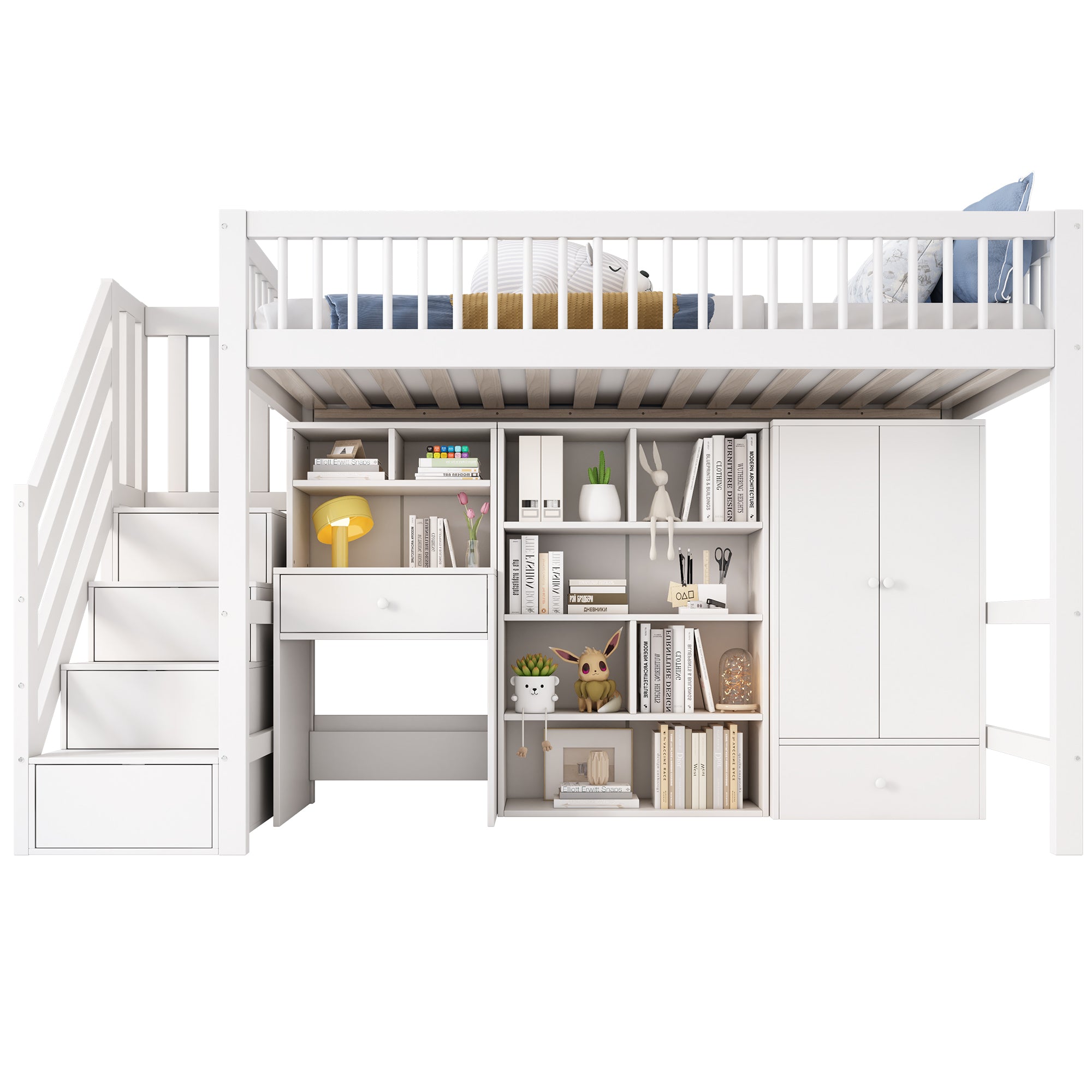 Children's Bed, Multifunctional with Desk, Stairs, Storage, Solid Wood/MDF, White
