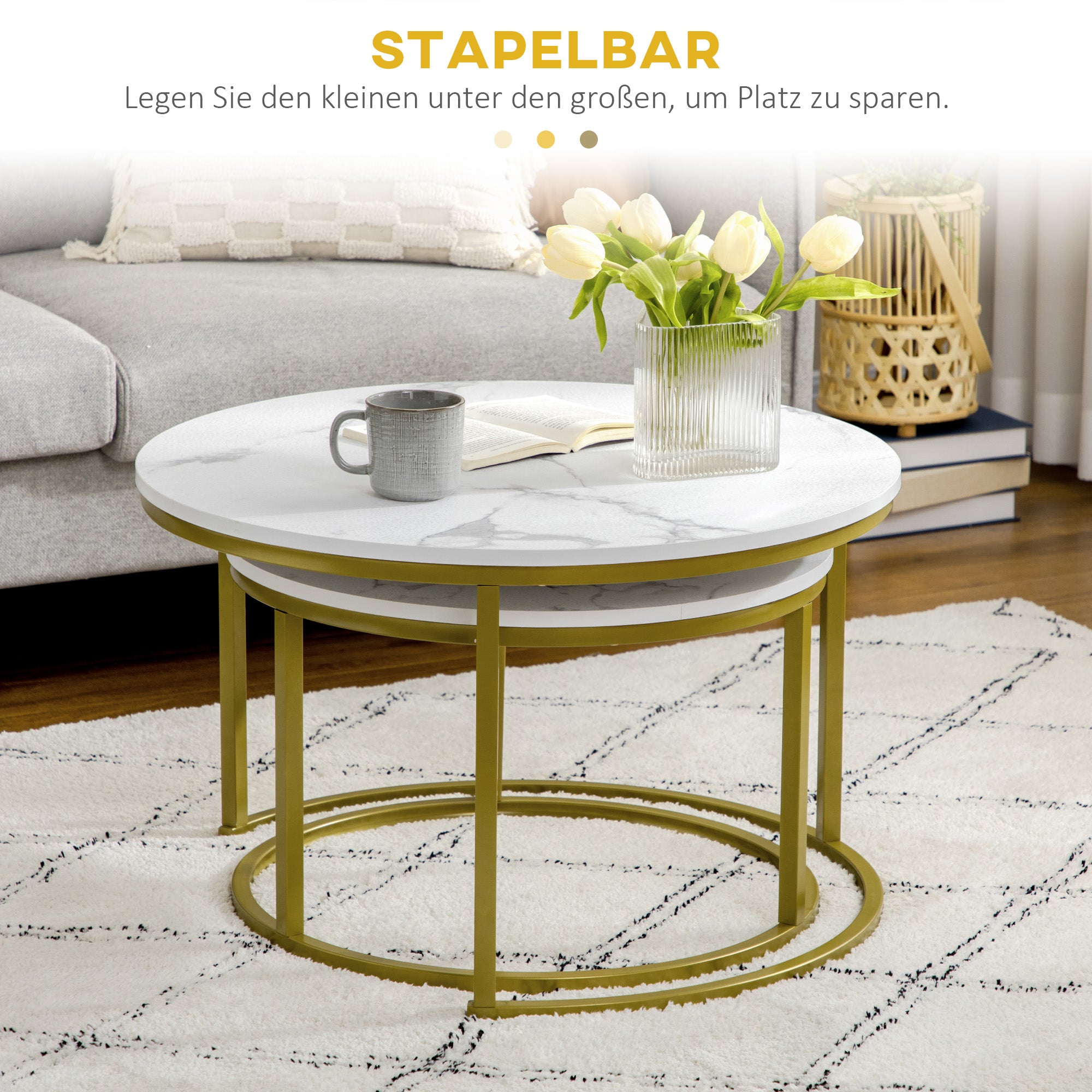 Coffee Tables, Round Stackable with Steel Frame, White