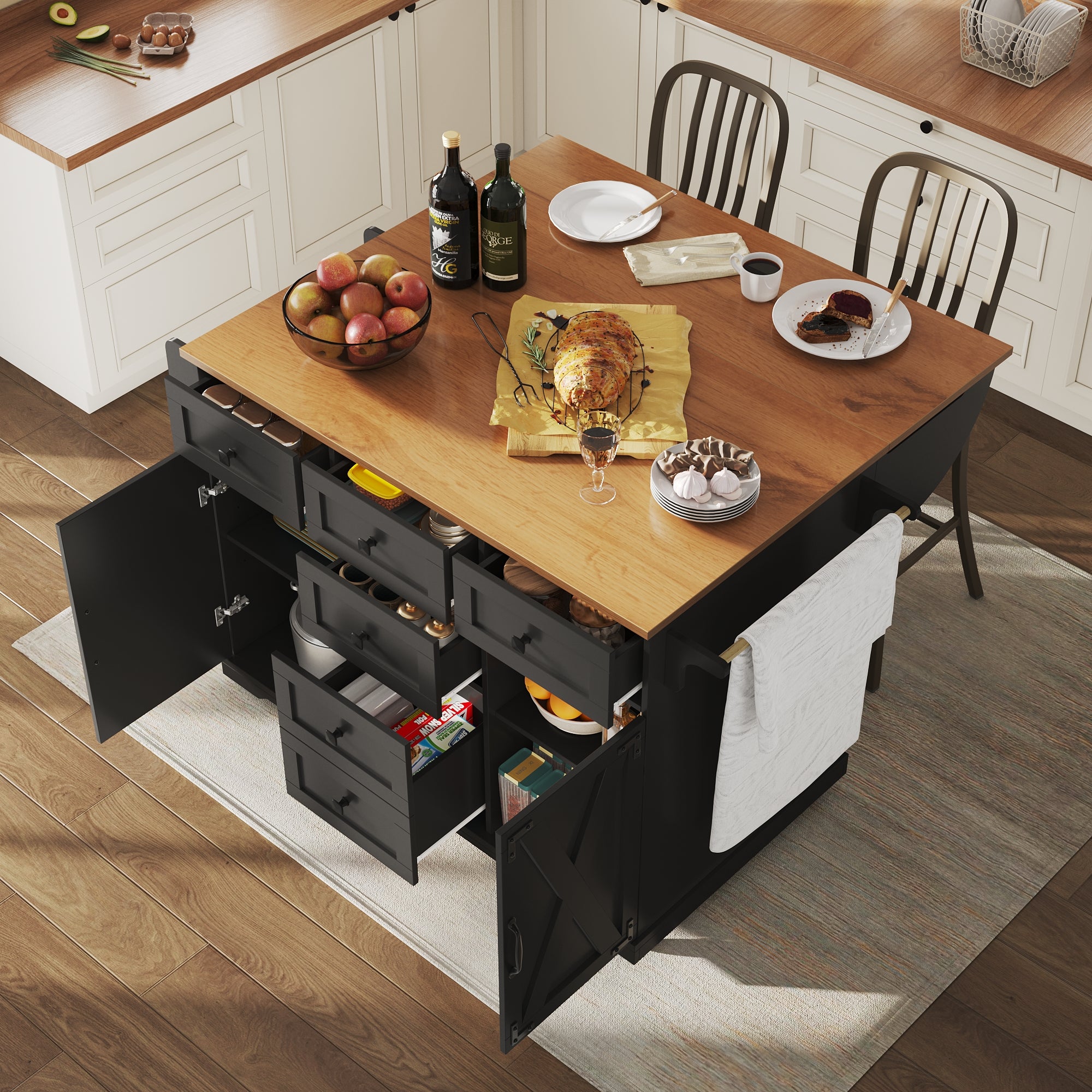 Kitchen Island with Multifunctional Serving Trolley and Large Storage Space, Black Wood Grain