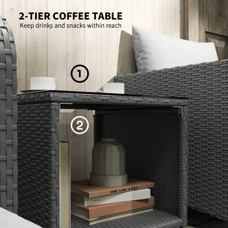 Five Piece Rattan Garden Furniture Set with 2-Tier Coffee Table and Ottomans Cream White