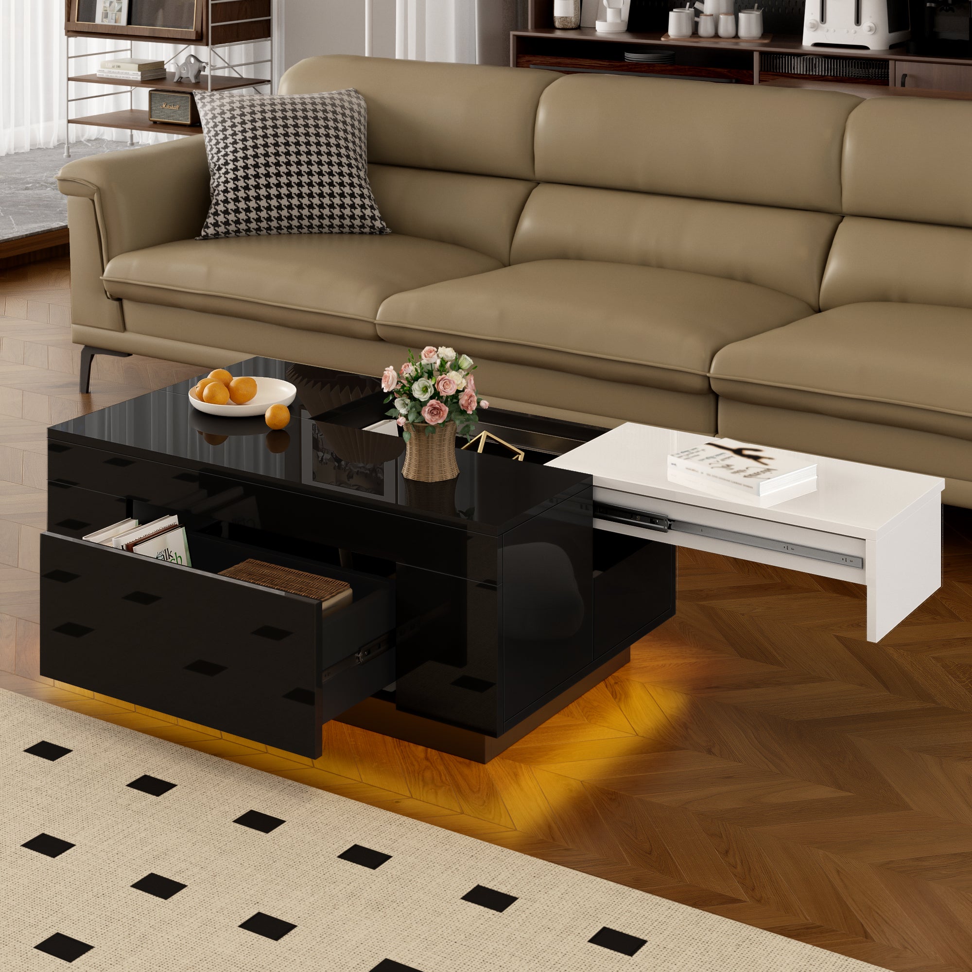 High-gloss Coffee Table with LED Lighting, Extendable, Storage, Black and White
