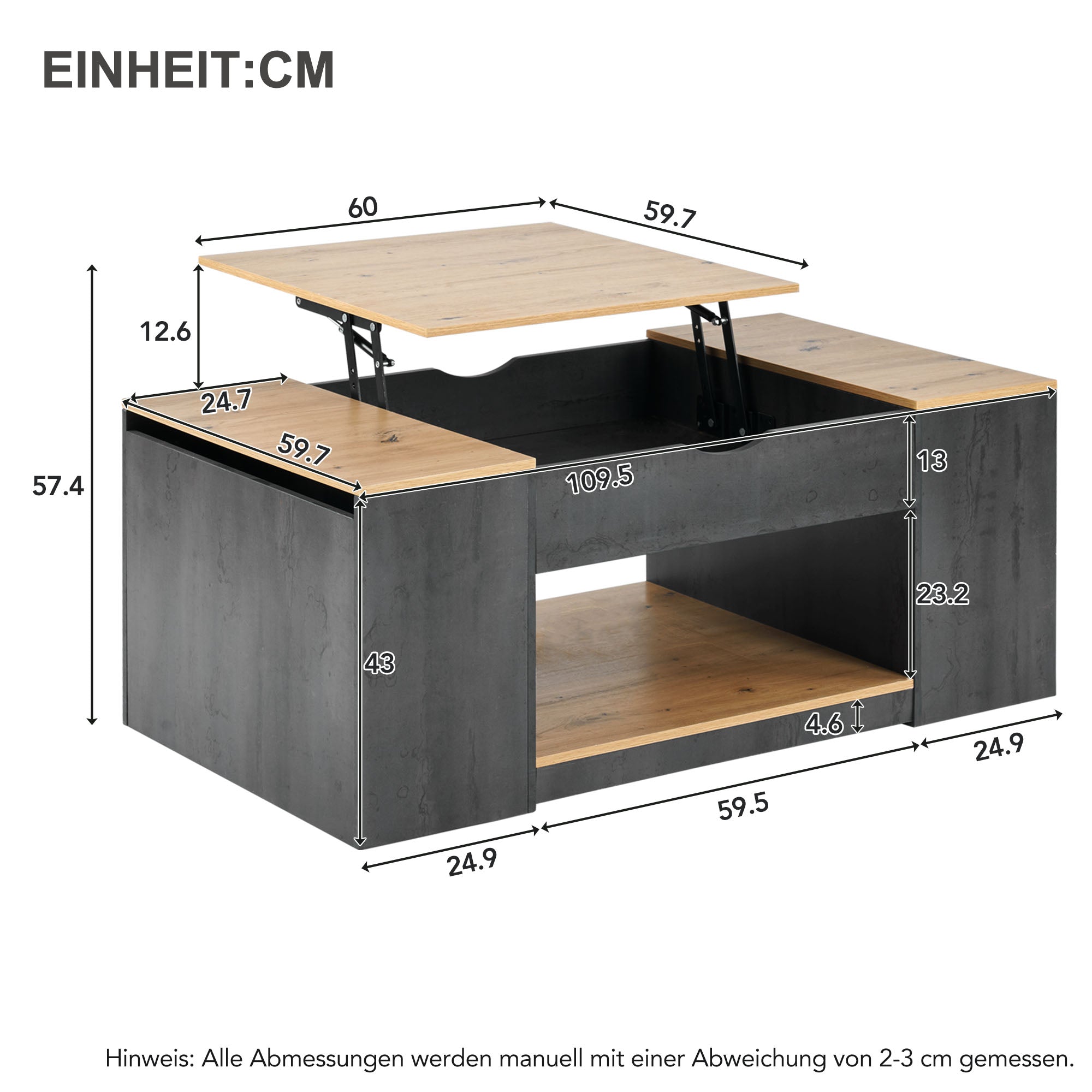 Coffee Table with Lift Function & Storage 109.5cm - Grey Frame