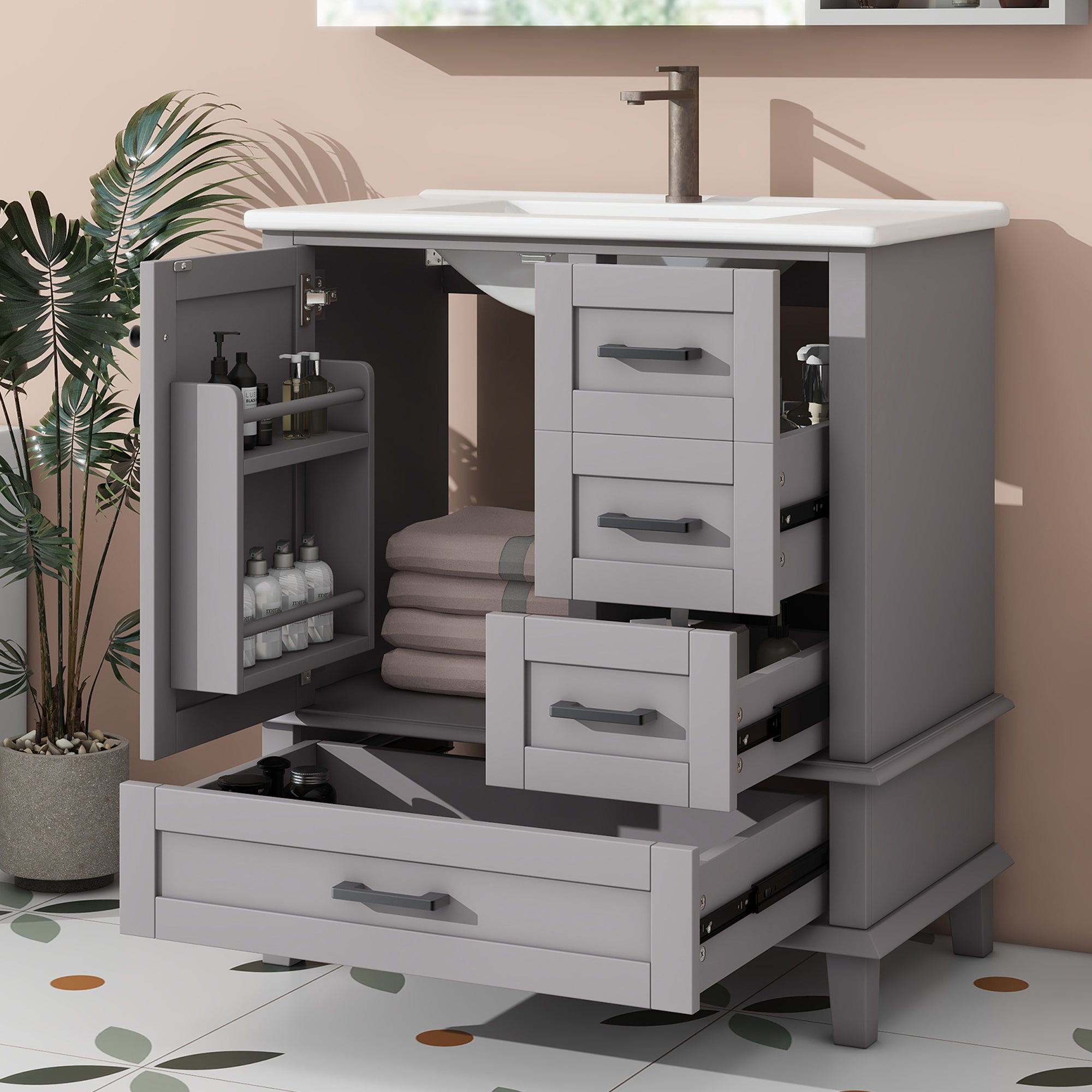 Bathroom Vanity Unit with Ceramic Sink and Silent Storage Drawers, Grey