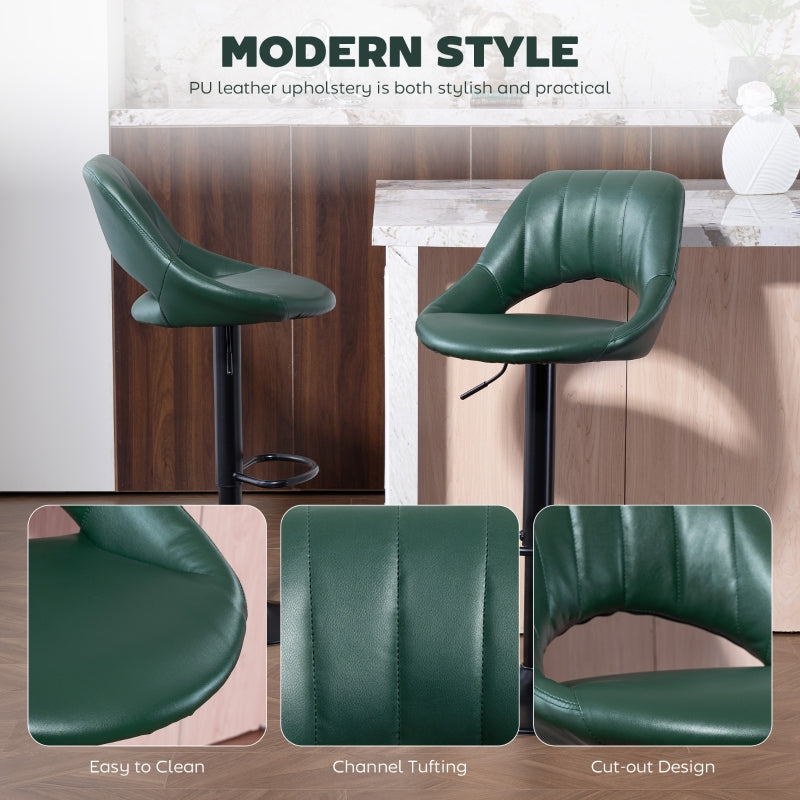 Set of Two Bar Stools Adjustable Height 360° Swivel Faux Leather Dark Green