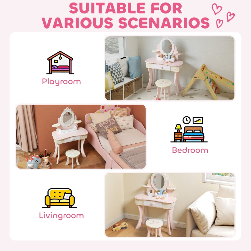 Kids Dressing Table Vanity Set with Mirror Stool Drawer Storage Pink