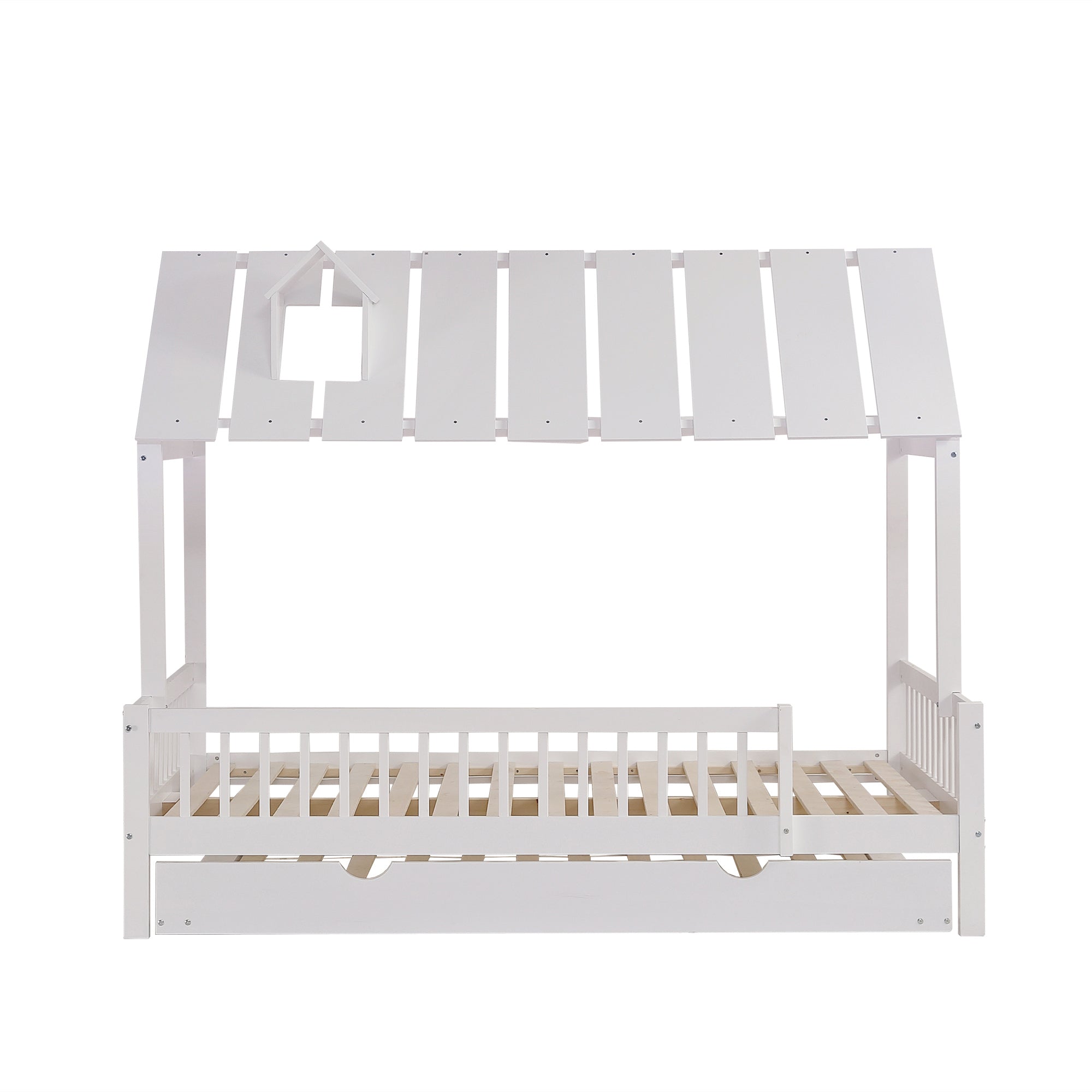 House Bed, Trundle Bed with Chimney, 3-Sided Rail, Pine+MDF, White