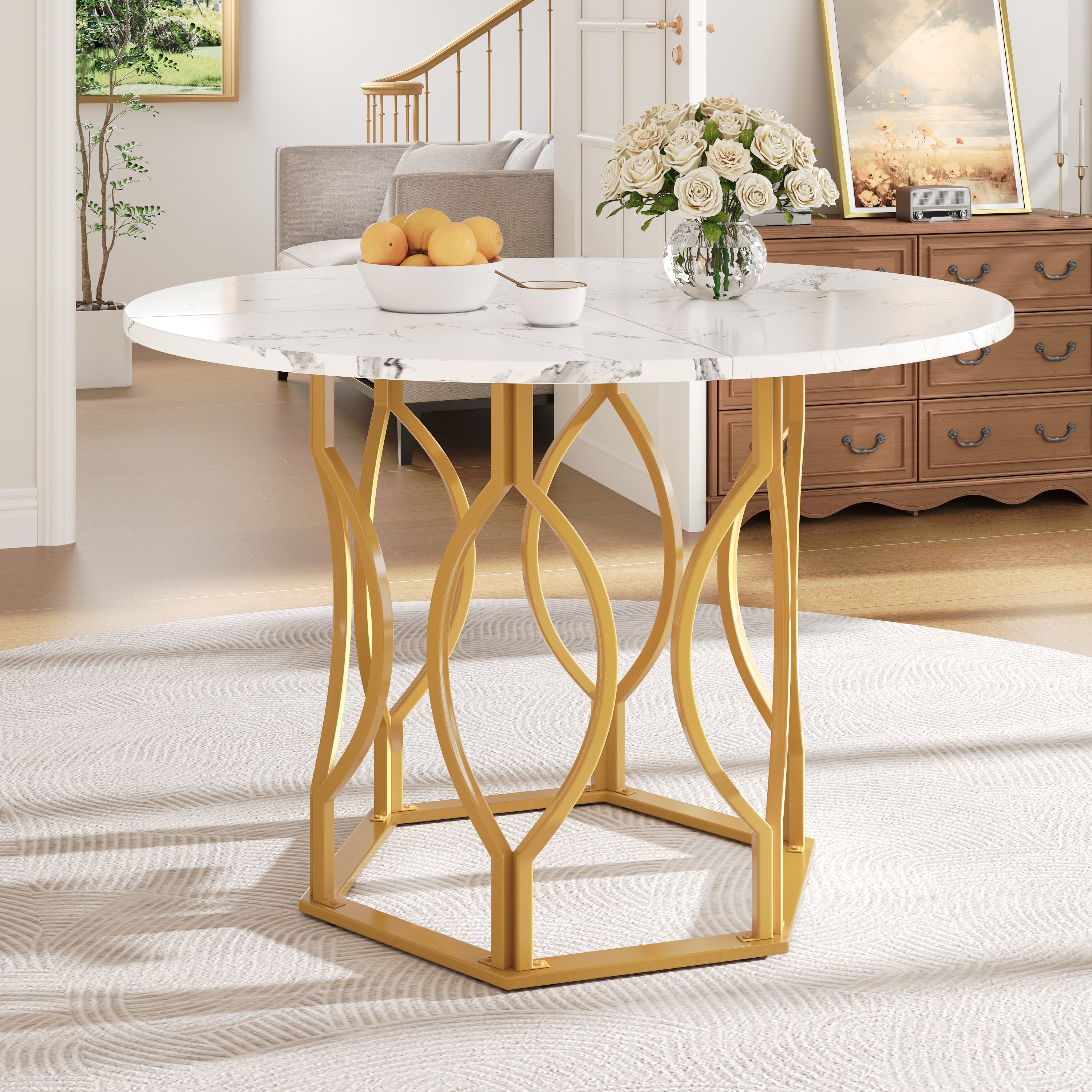 Round Dining Table (100x100x76cm), 4-Seater, Metal Legs, MDF Marbled Tabletop, Golden Legs