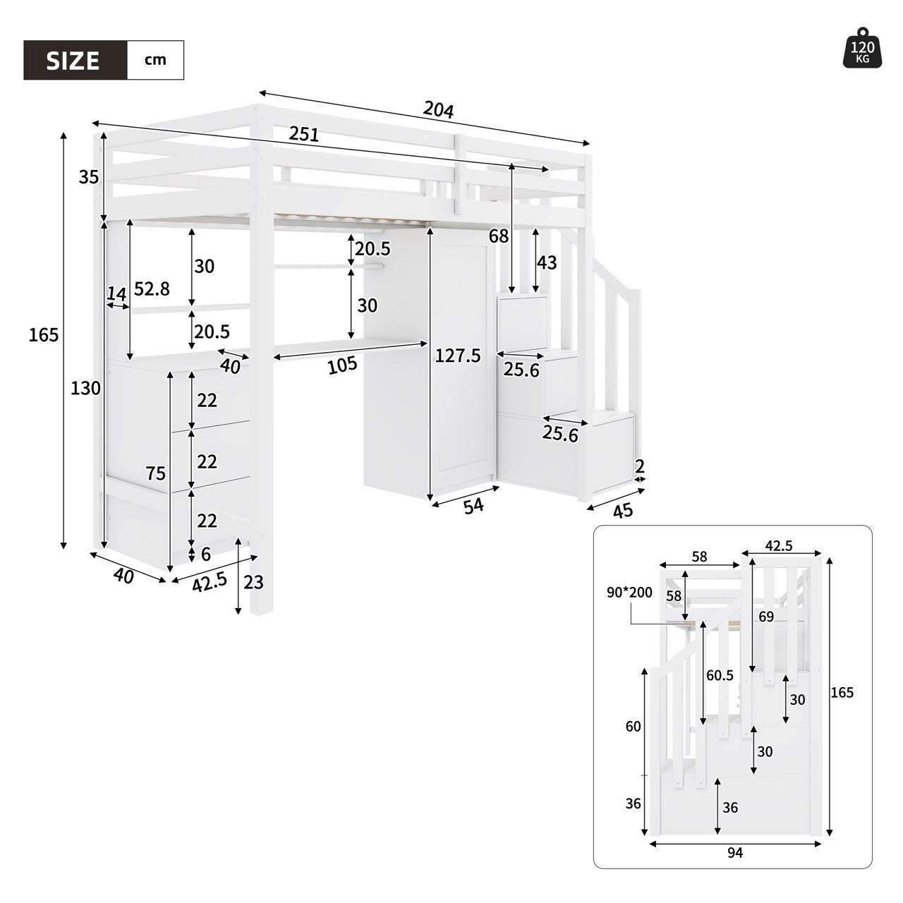 Bunk Bed with Desk, Wardrobe, Stairs, and Drawers, 90x200cm White