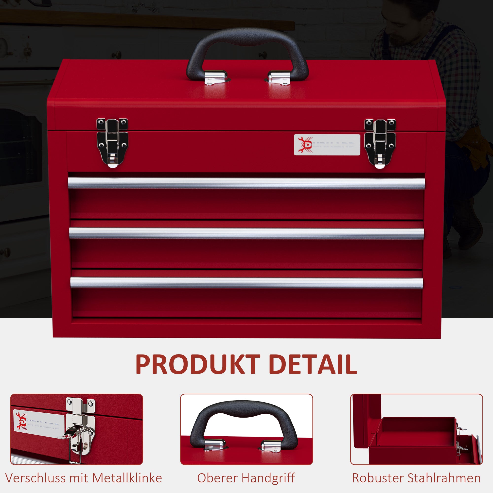 DURHAND empty tool case with 3 drawers and upper storage compartment, steel, red