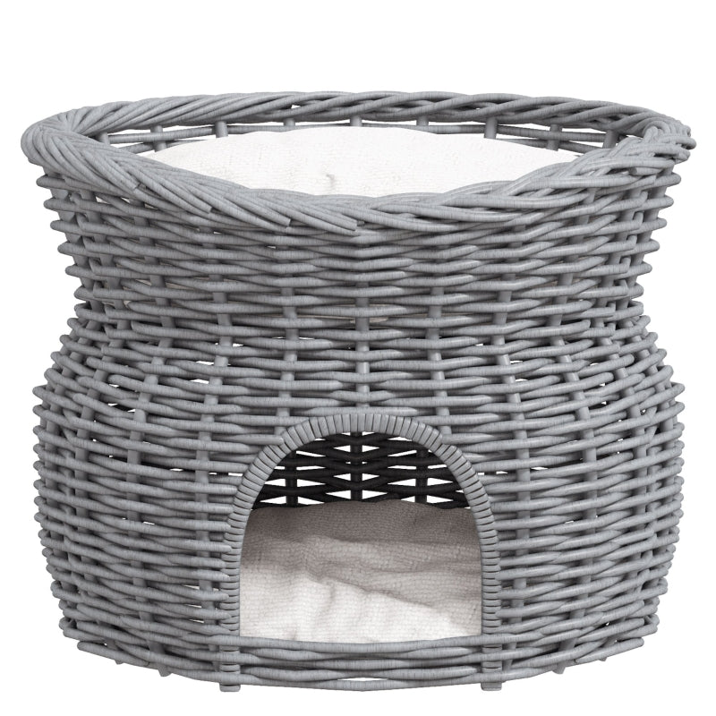 2-Tier Cat House Elevated Pet Bed, Willow Wicker with Washable Cushions, Grey