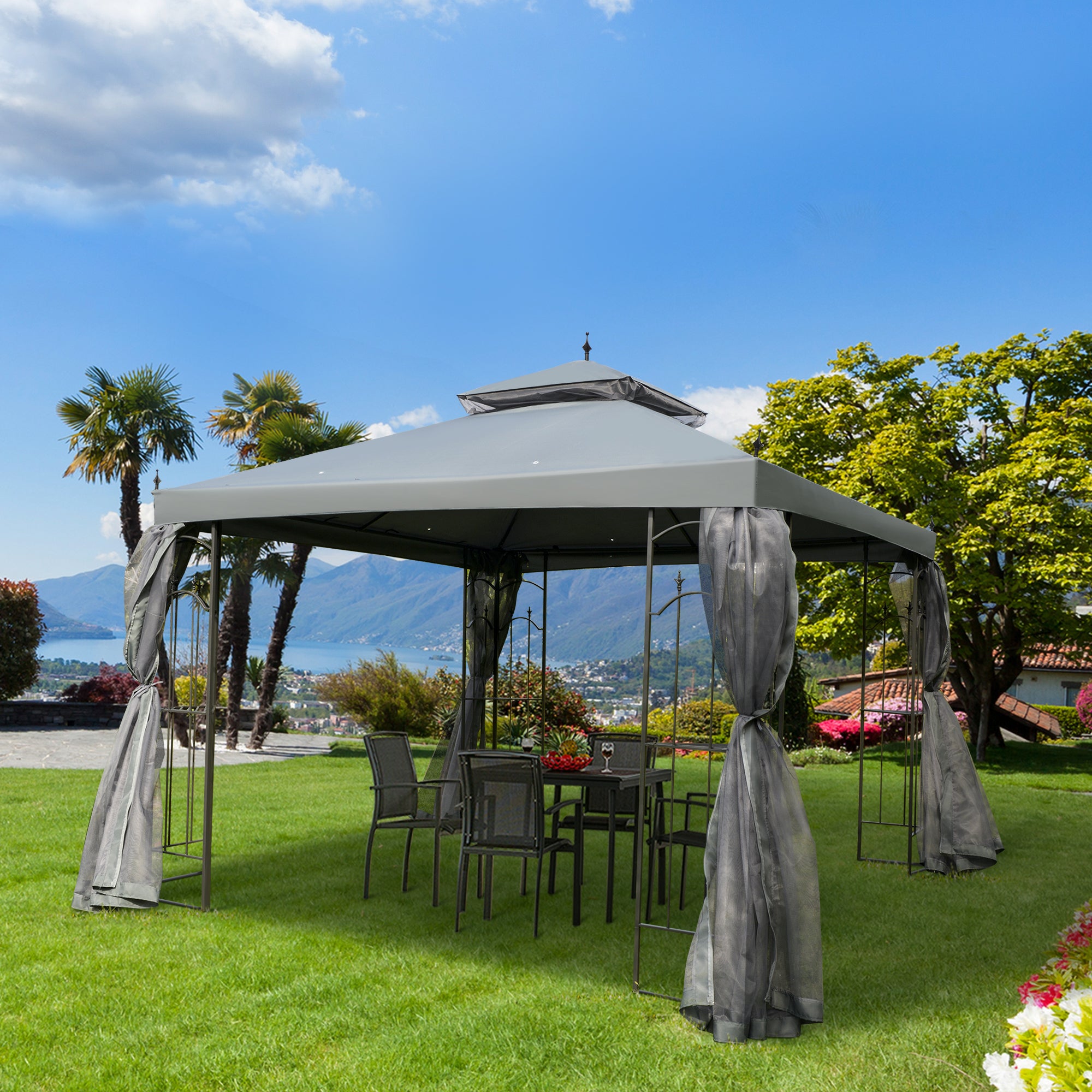 3x3m Garden Gazebo Double Top Outdoor Canopy with Netting - Grey