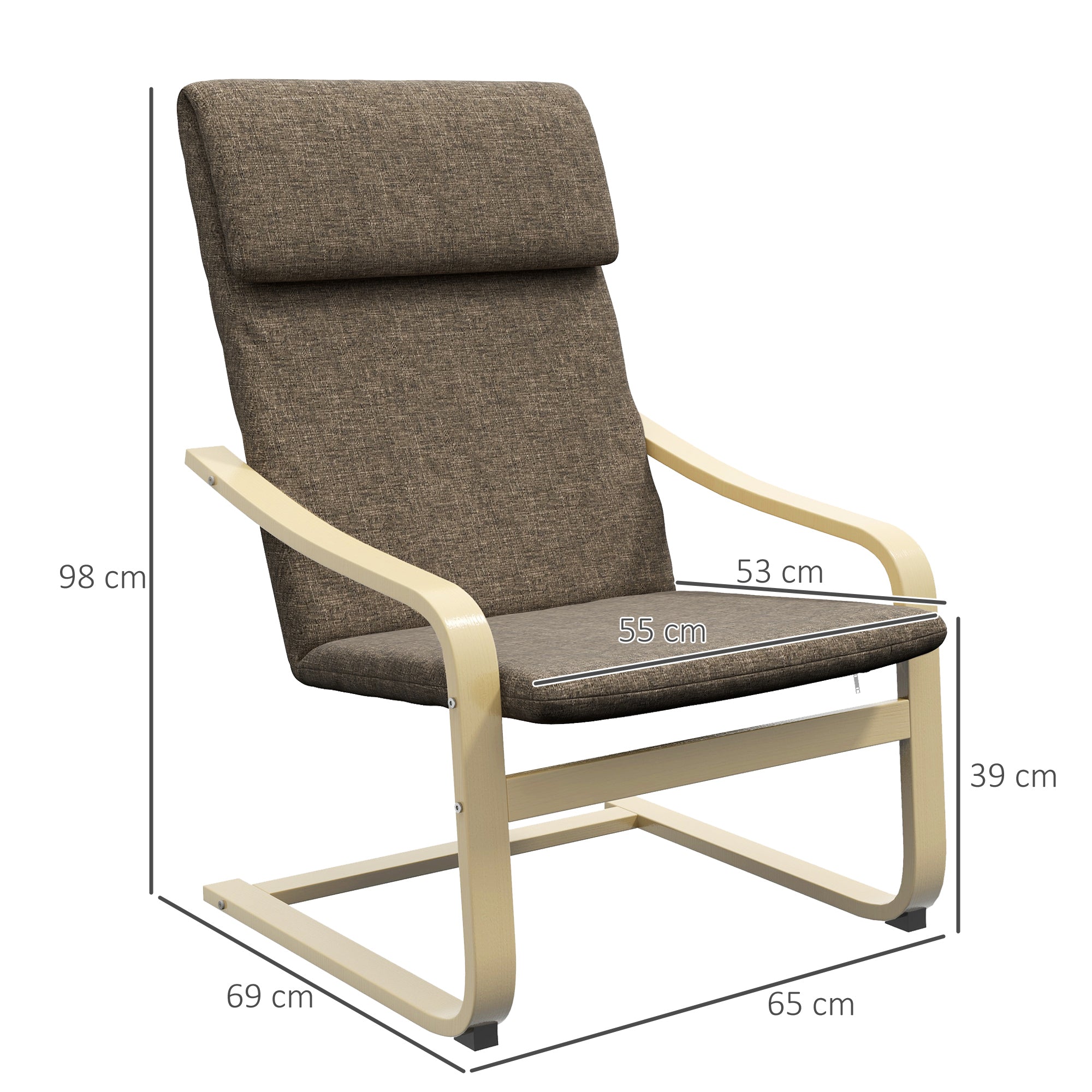 Recliner Chair, Headrest, Linen Look, Birch Wood, Brown