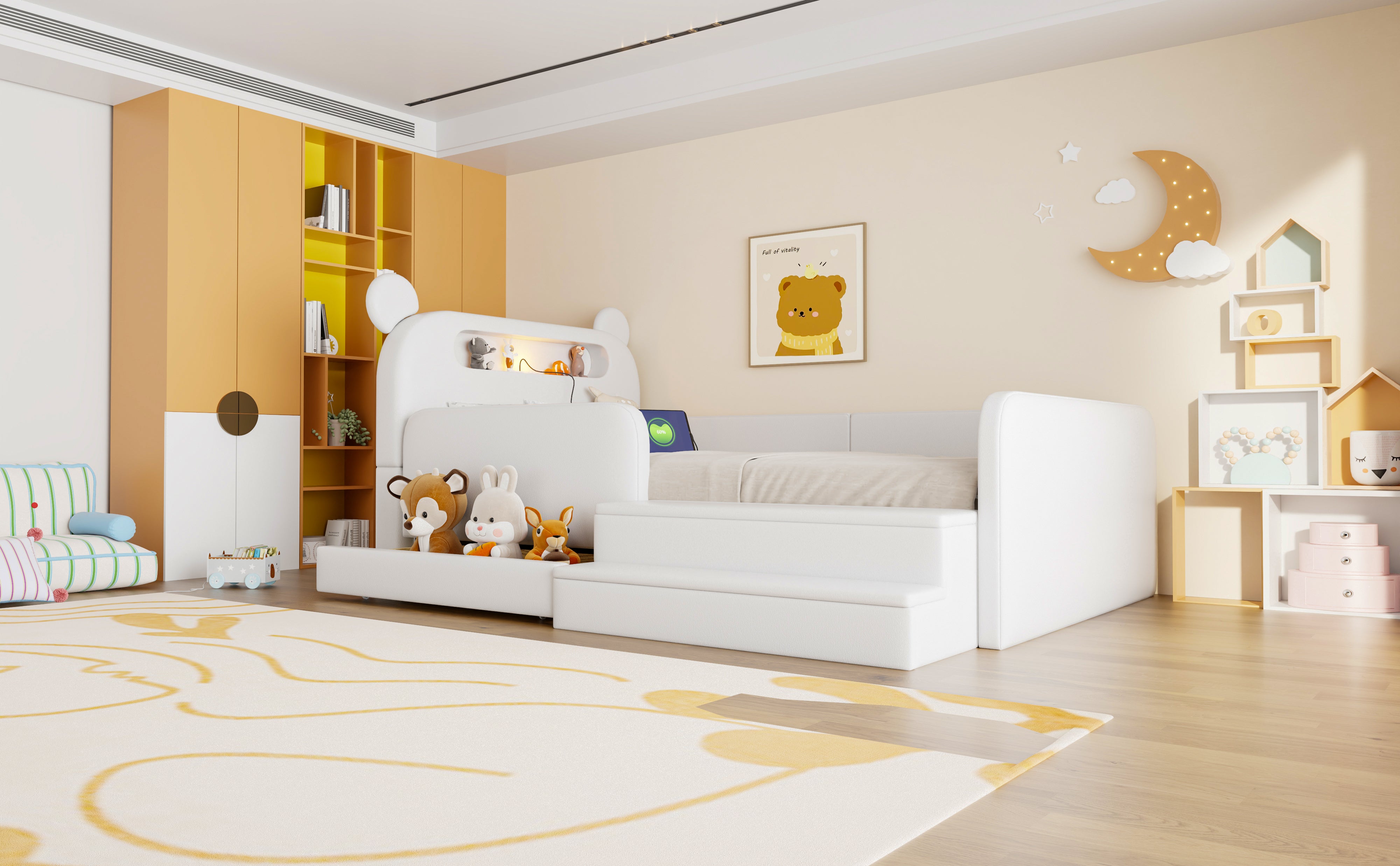 Children's Upholstered Bed 90x200cm Bear Headboard Night Light USB Storage Step Seat White Faux Leather