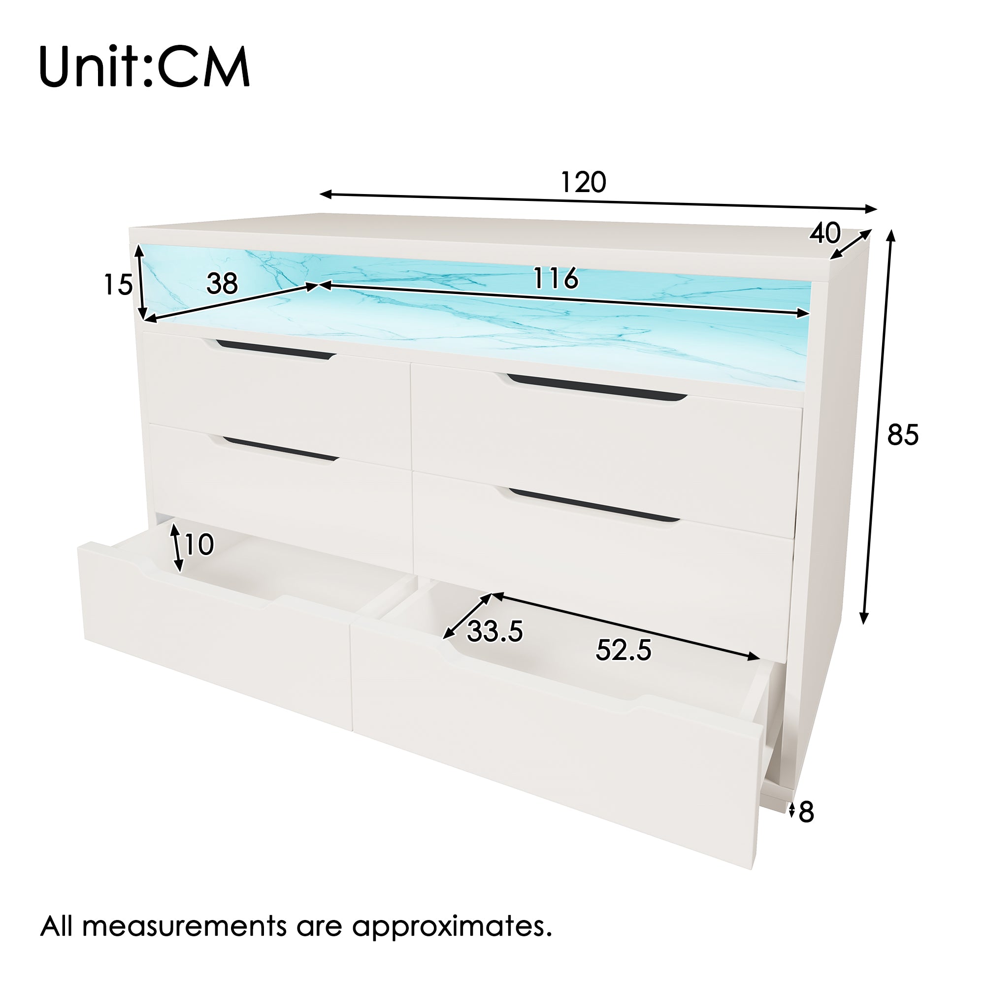 Marbled 6-Drawer Sideboard, RGB LED Lighting & Shelves, White