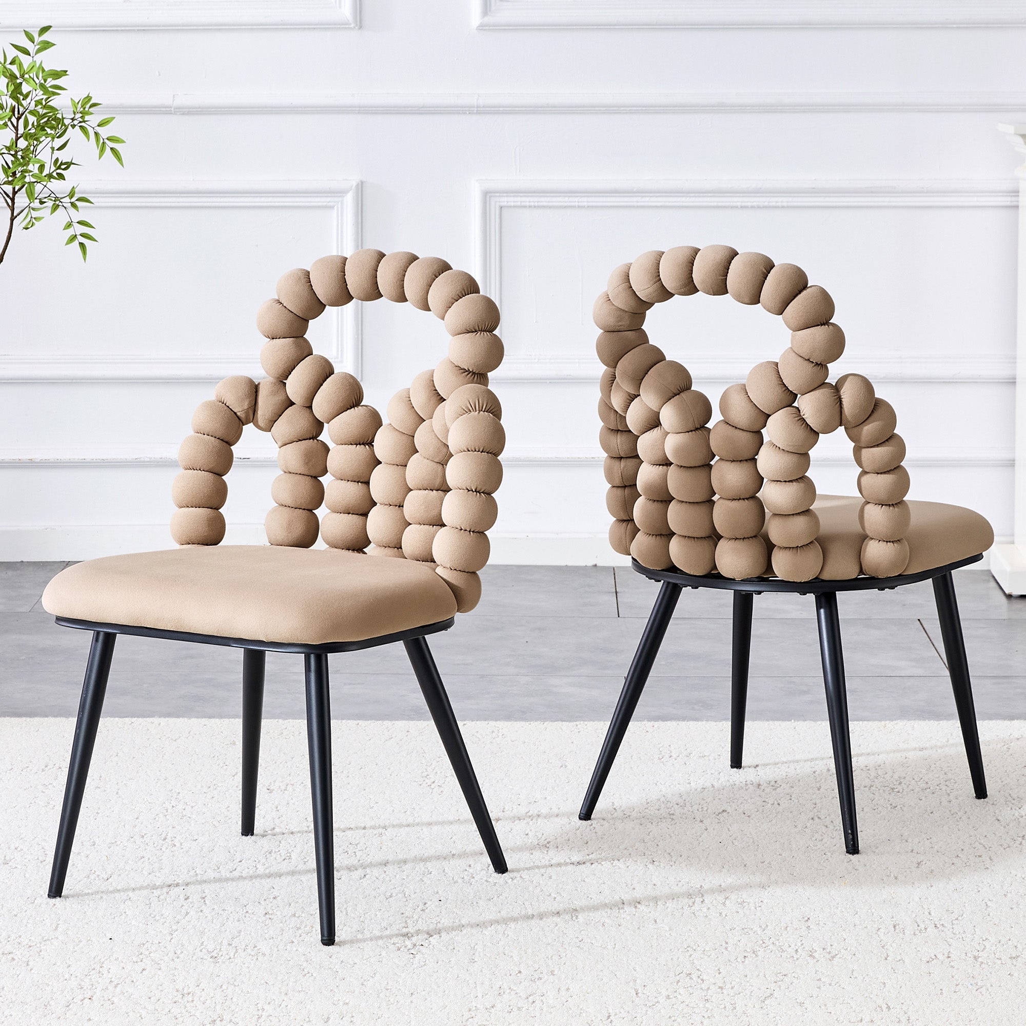 Dining Chairs Set of 2 with Ball Chain Backrests, Metal Legs, Camel Velvet