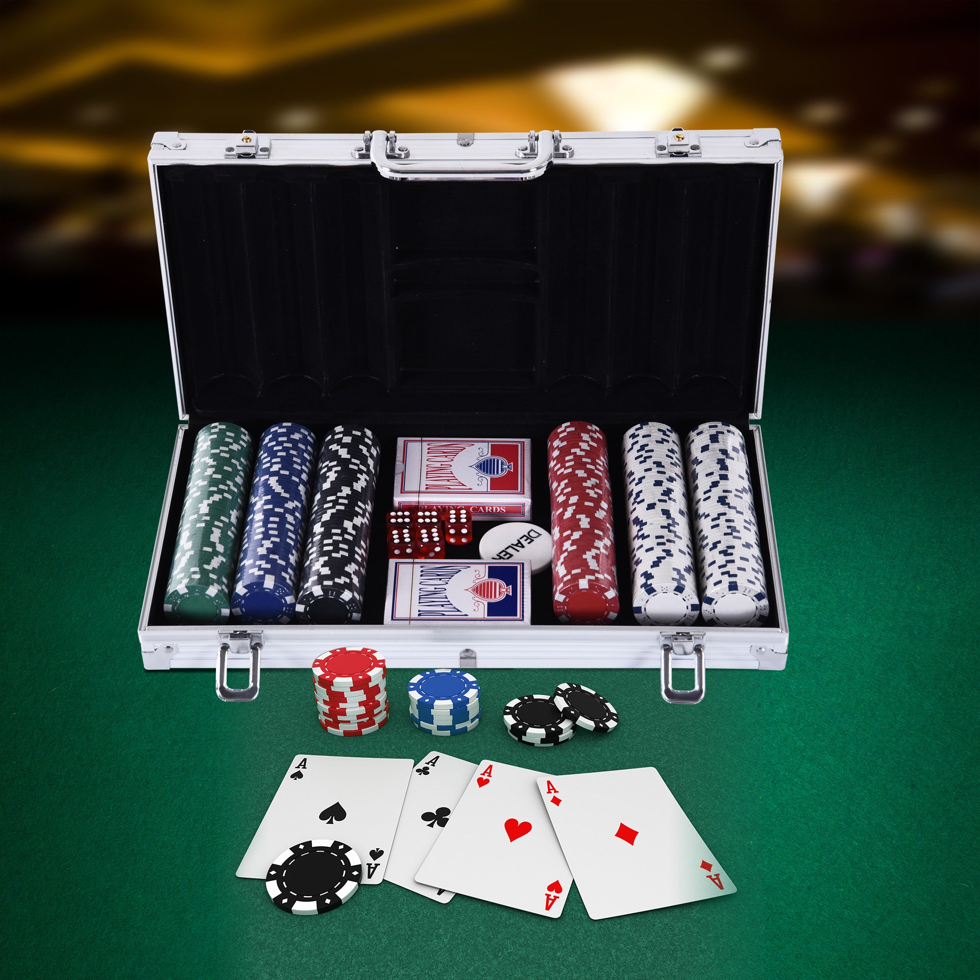 Poker case set 300 chips 2 decks of cards 5 dice aluminum