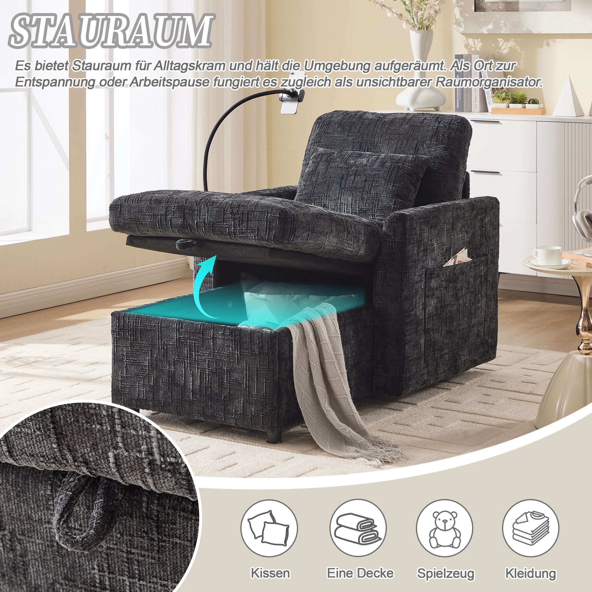 Lazy Sofa, Multifunctional with Phone Holder & Stowable Backrest, Chenille