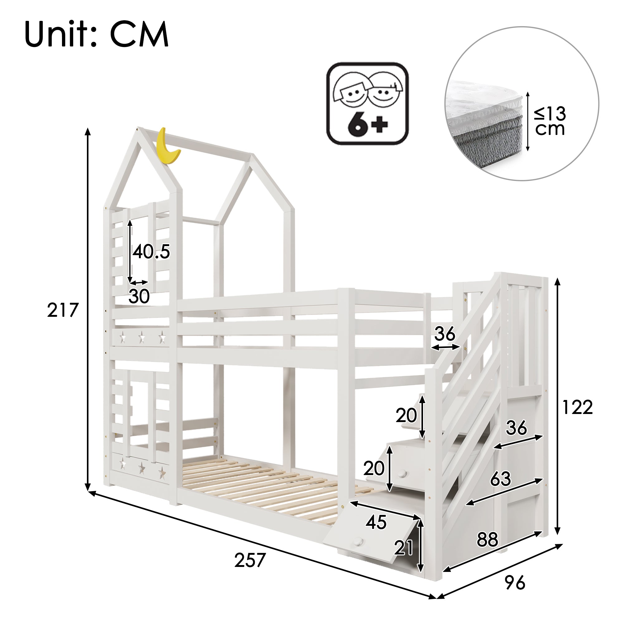 Children's Bed, Tree House Bunk Bed with Drawers & Fall Protection, White