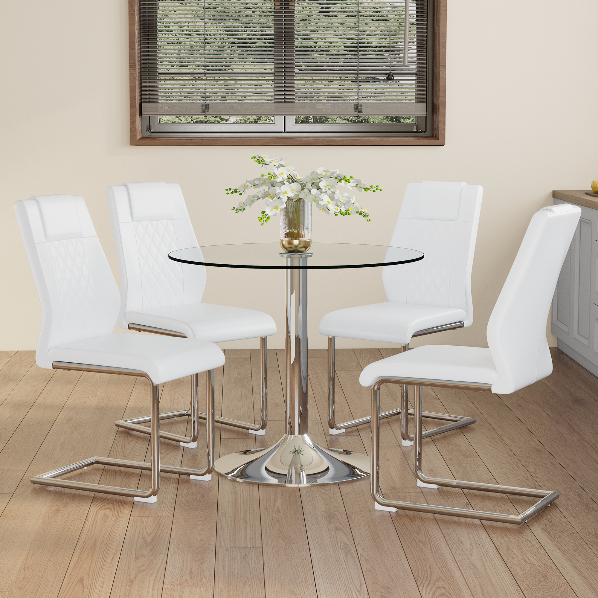 Dining Table Set, Modern Minimalist Glass Table & 4 Chairs, White PU