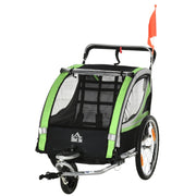 2-in-1 Bicycle Trailer, 2 Children, Push-along, Rain Cover, Brake, Green
