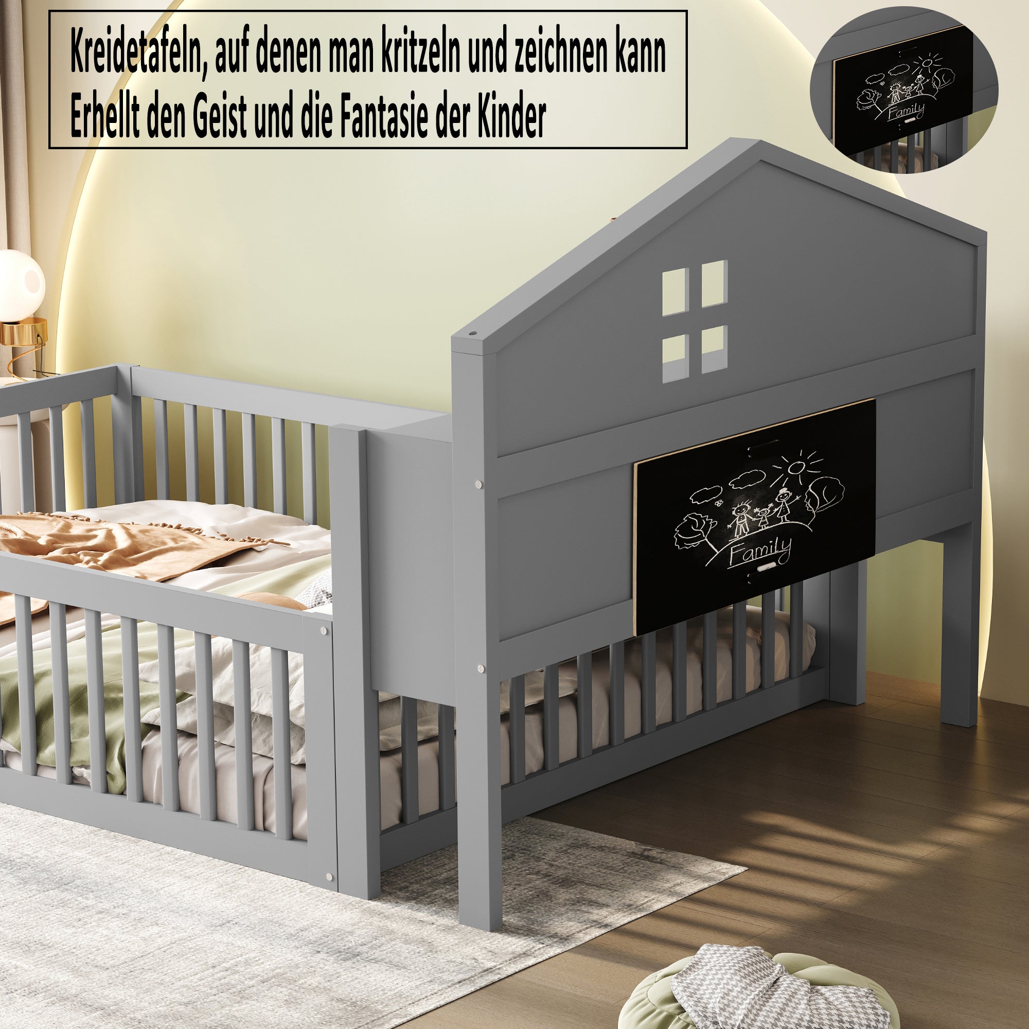Children's Bed 140x200, House Frame with Shelves, Safety Gate & Slatted Frame, Grey Solid Wood