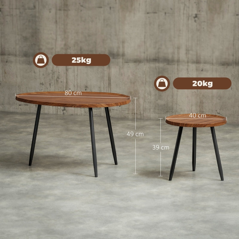 Nesting Coffee Table Set of 2 Modern Stacking End Side Table with Metal Legs Chestnut Wood Effect
