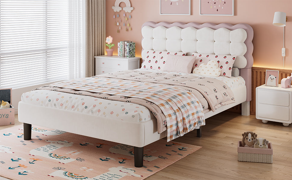 Upholstered Bed, Biscuit Shape Velvet Backrest, 4ft6 Double, Beige+Pink