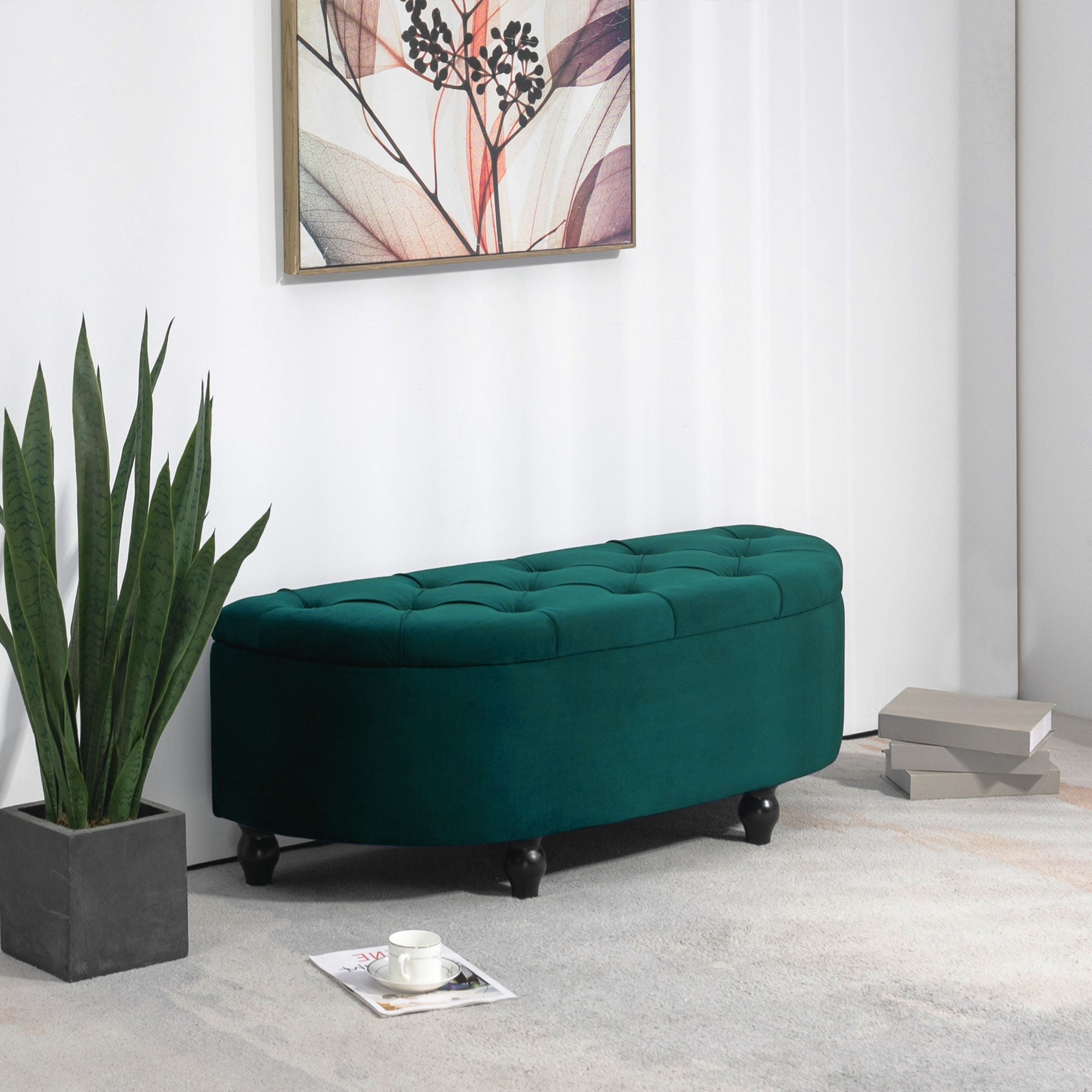 Storage Bench, Open Lid Upholstered, Dark Green Velvet
