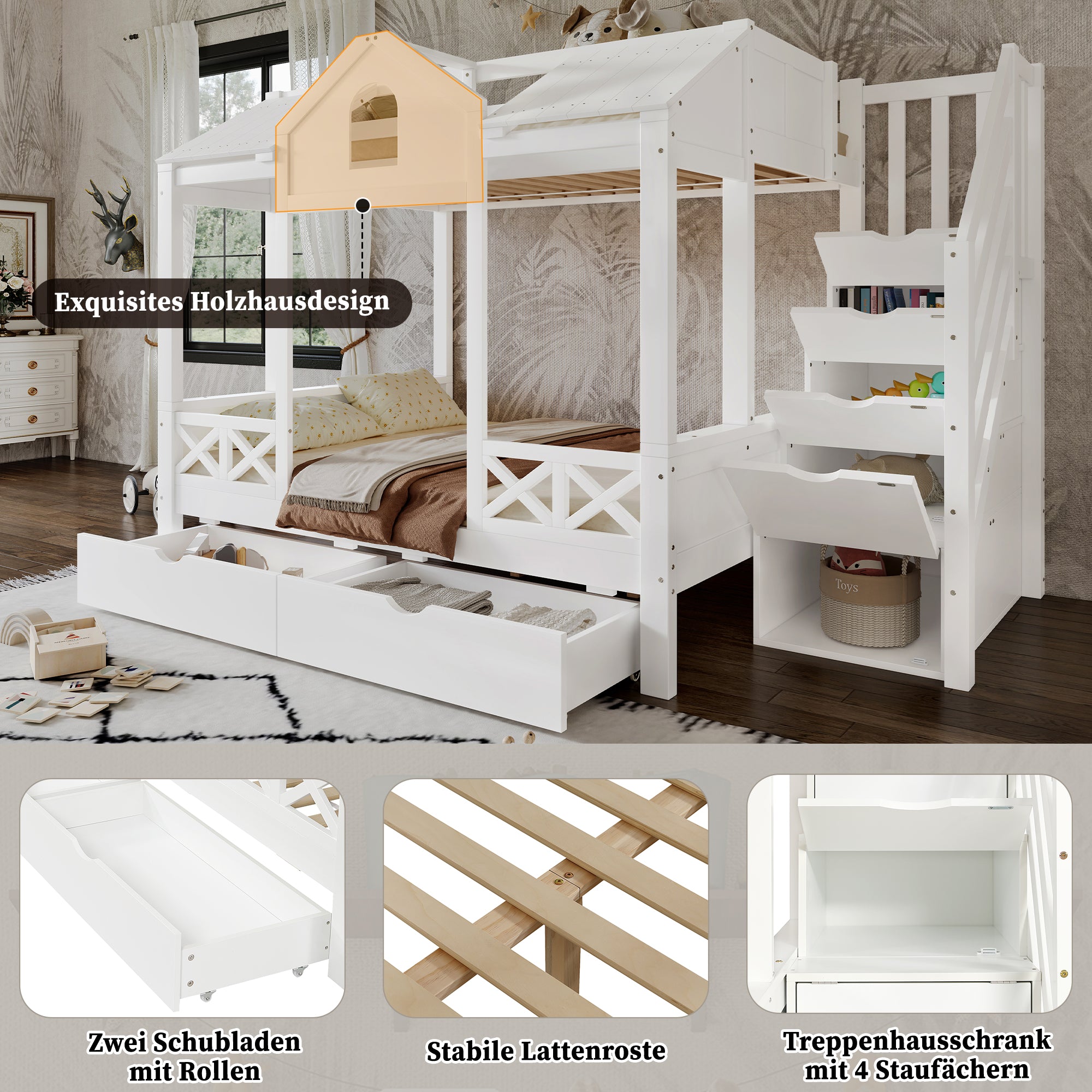 Bunk Bed Children's Storage, Drawers & Stair Cupboard, Pine + MDF + Plywood White