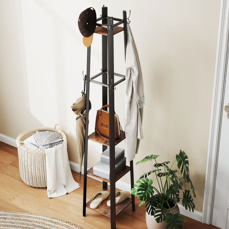 Coat Stand, Four Shelf Industrial Style - Brown/Black