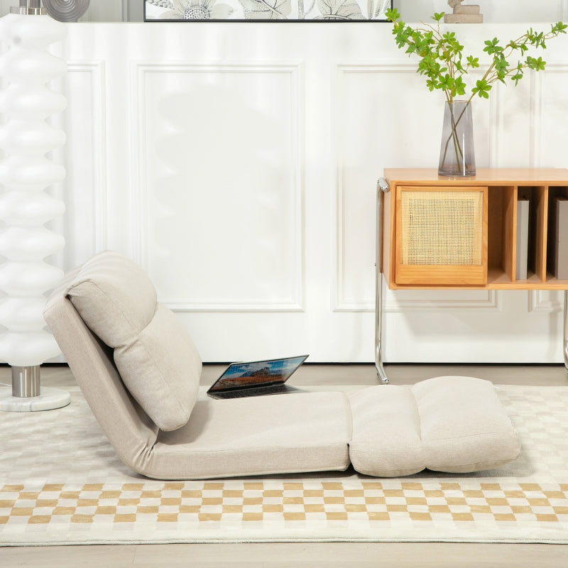 Folding Floor Chair, 6-Level Adjustable, Thick Padding, Bed Function, Beige Linen