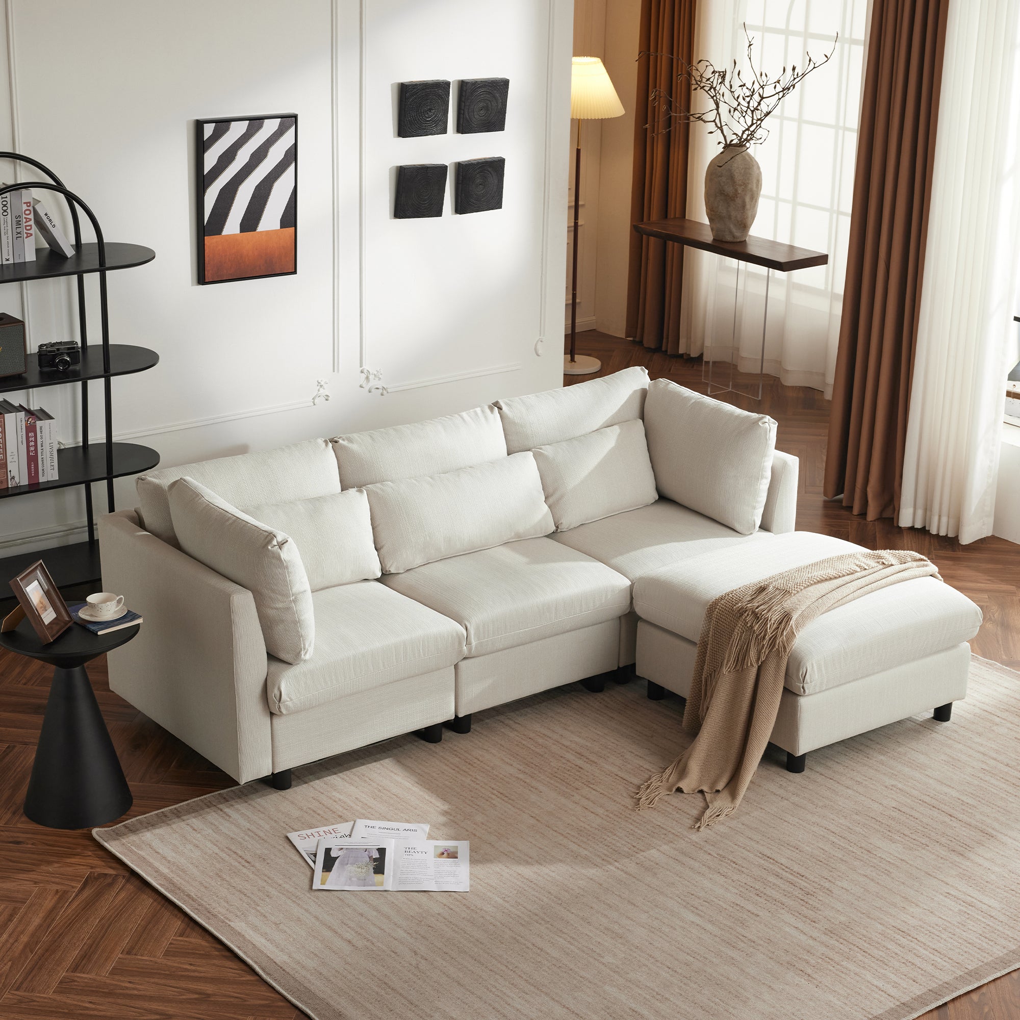 Sofa, L-Shaped Corner with Footstool, 3-Seater, Upholstered