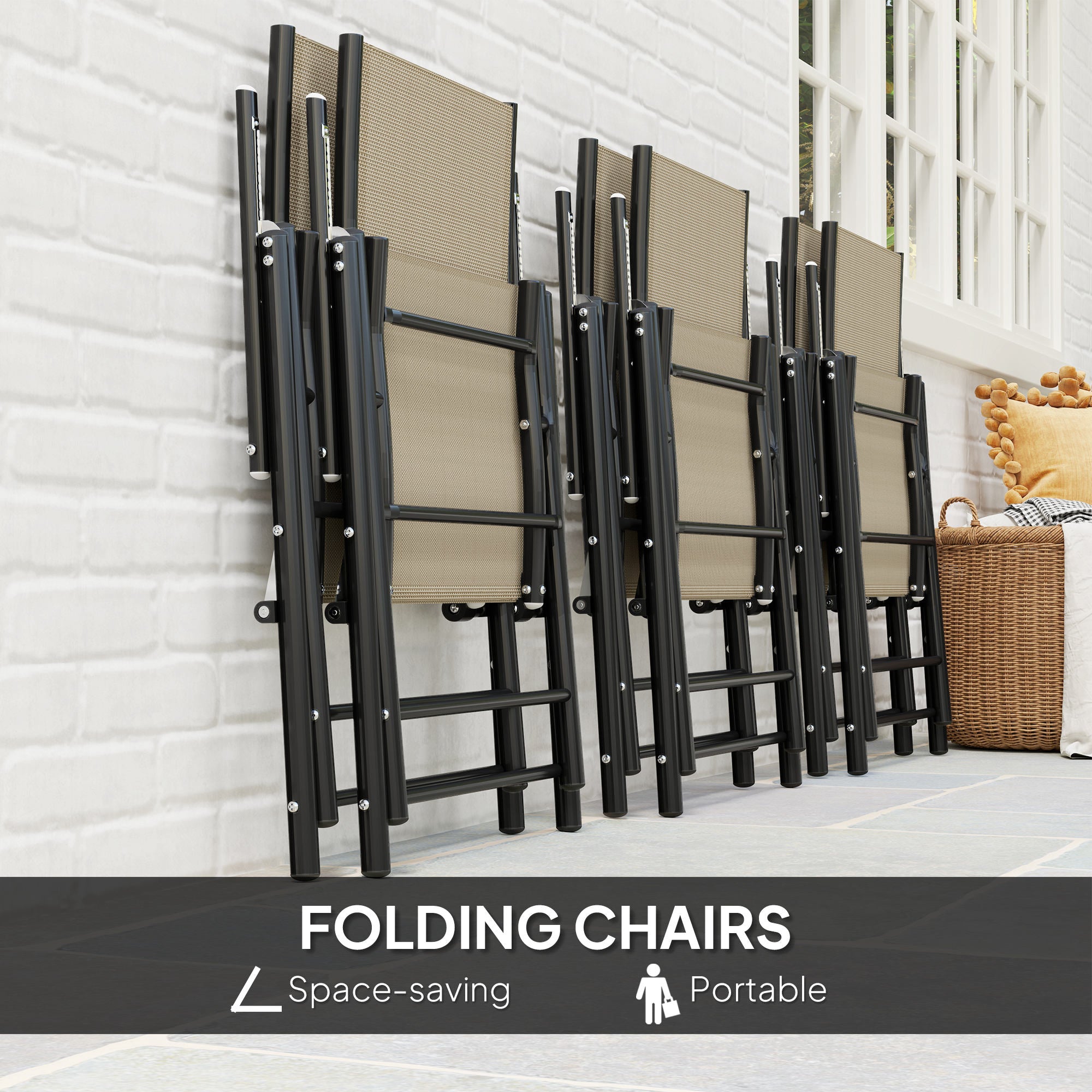 Seven-Piece Dining Set with Parasol Hole, Steel Khaki