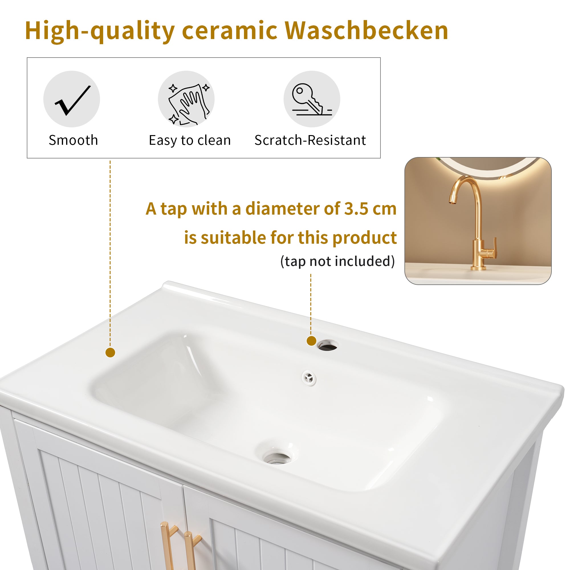 Single Vanity Unit 80cm Ceramic Washbasin - White