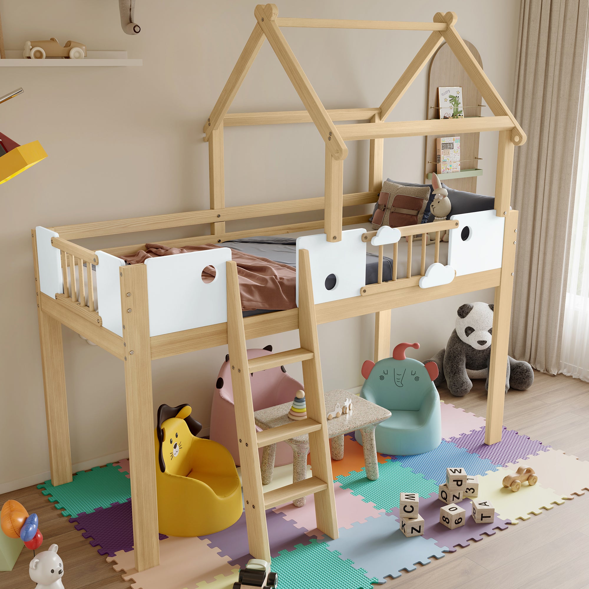 Loft Bed, Children's with Fall Protection & Rails, Roof Design, 3-Step Ladder, Pine+MDF+Plywood, White+Natural
