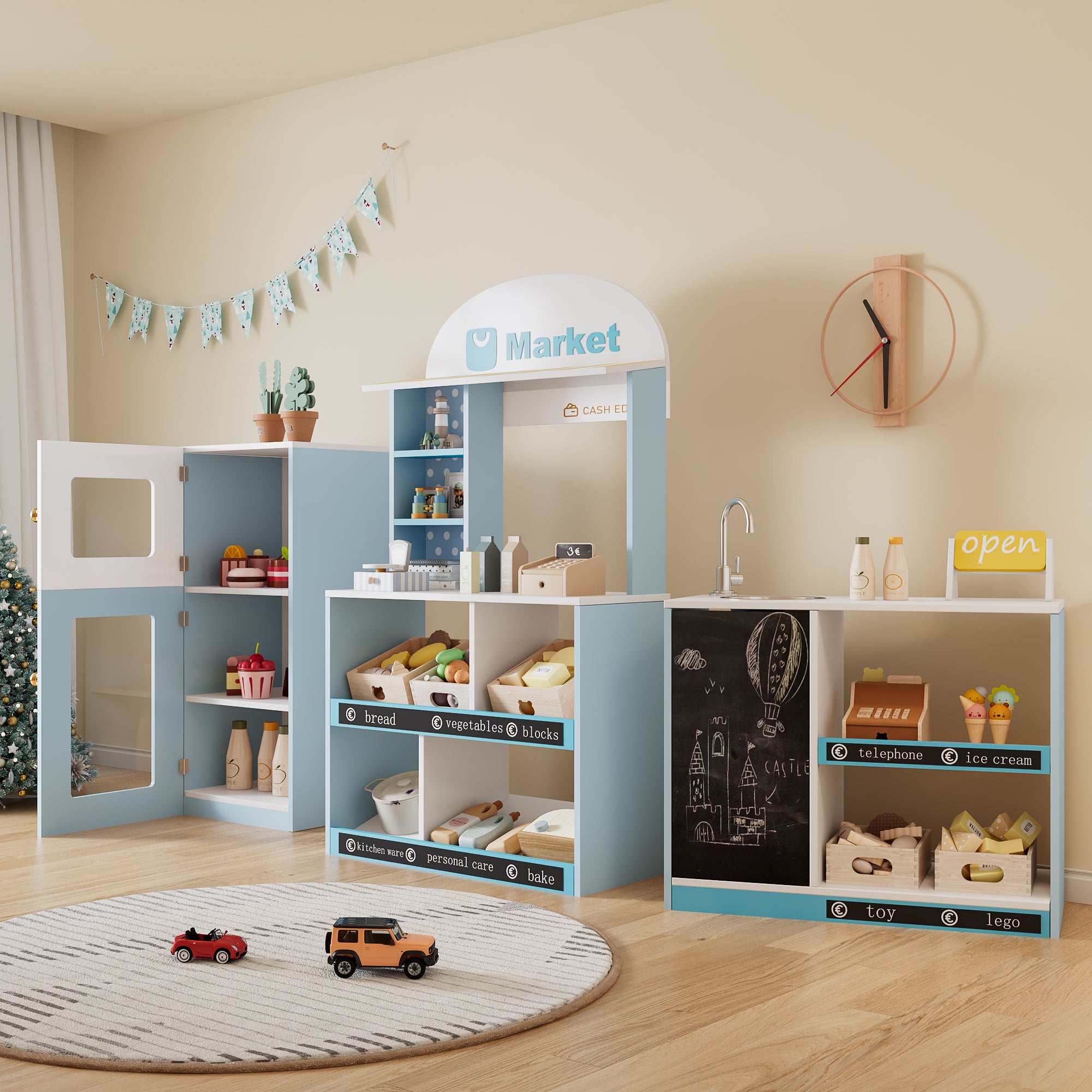 Children's Toy Shop with Shelves, Refrigerator and Chalkboard, Wood and Plastic, Blue