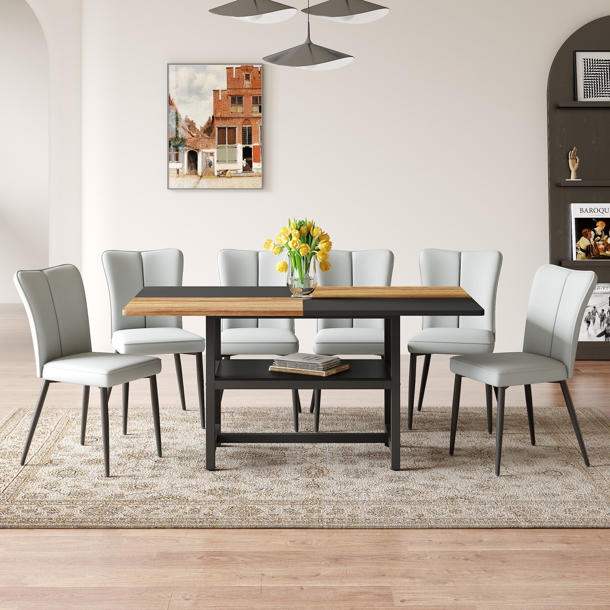 160 cm Dining Table Set with Storage & 6 Chairs, Light Grey PU Leather