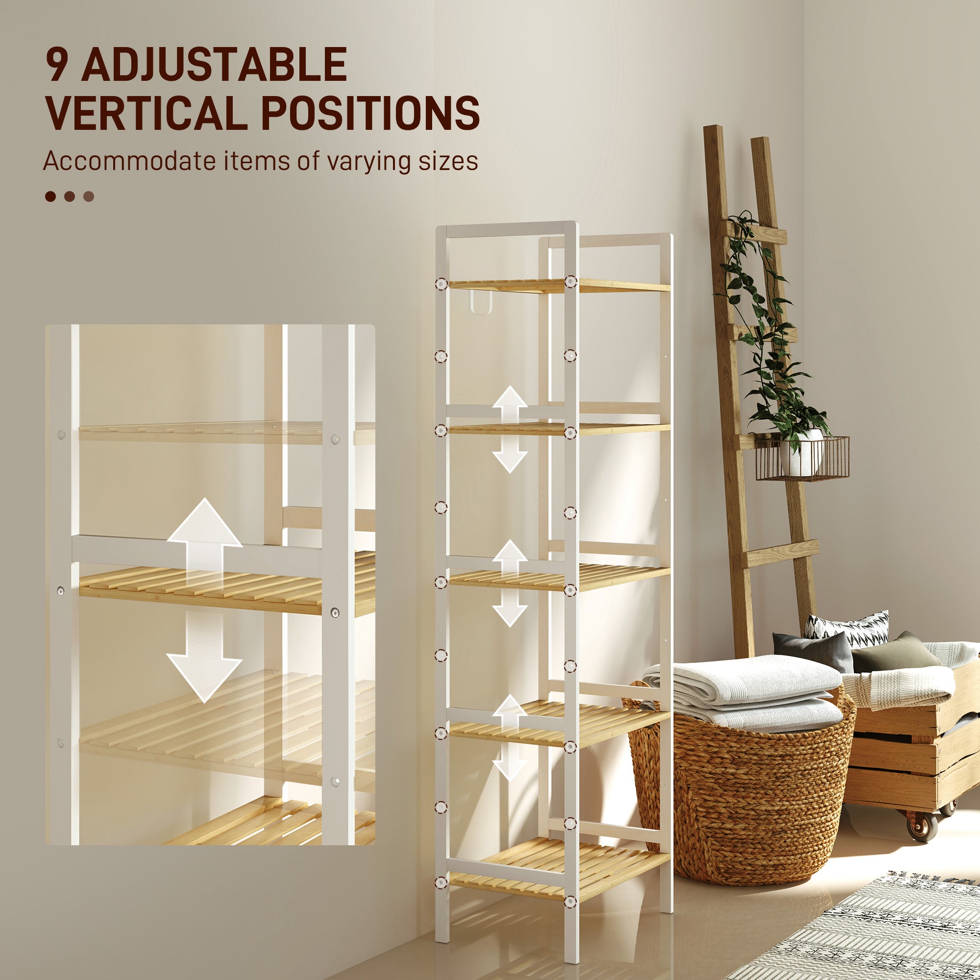 Shelf Storage Unit, Five-Tier Adjustable Bamboo