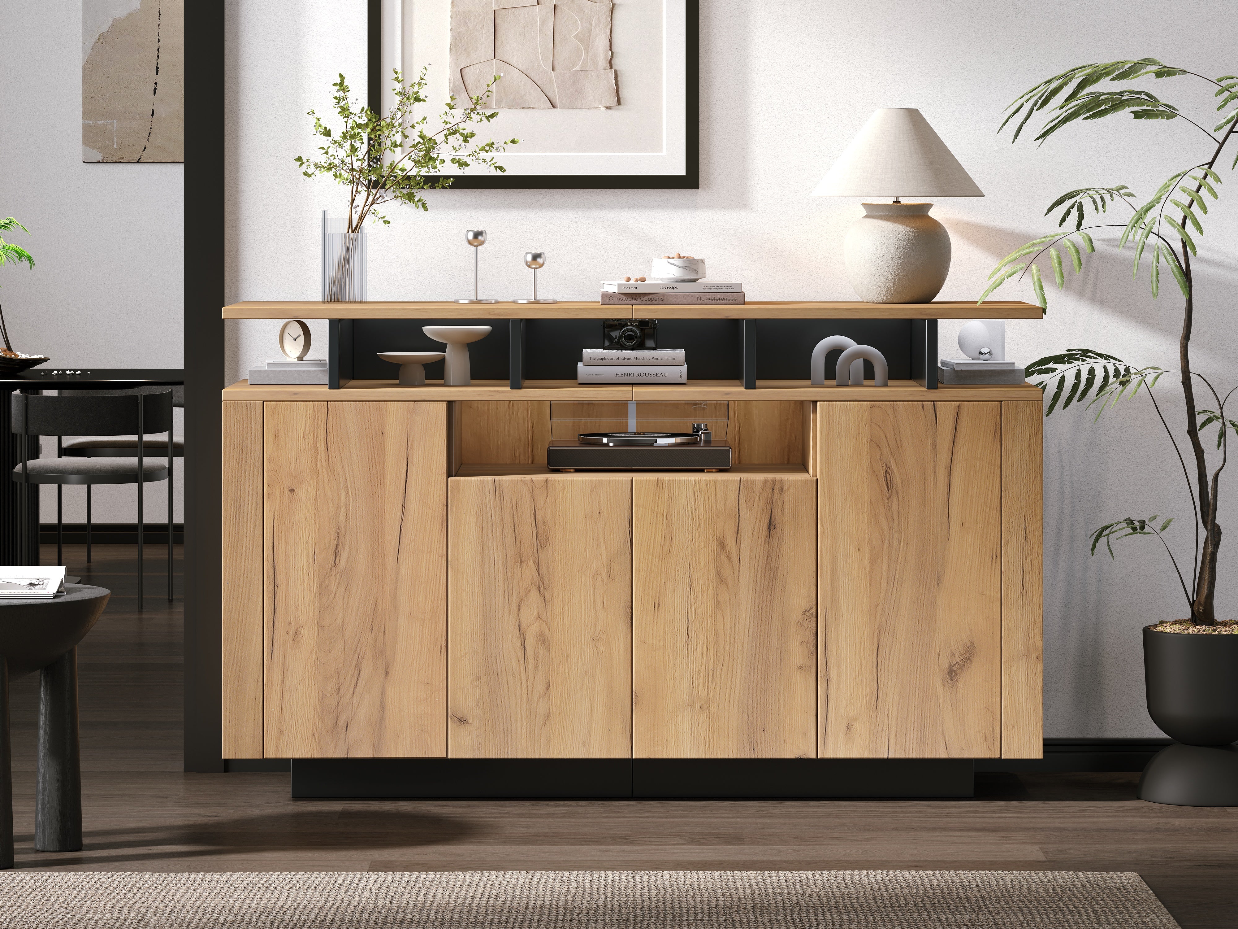 Sideboard Chest of Drawers with 4 Doors and 3 Open Compartments, Natural