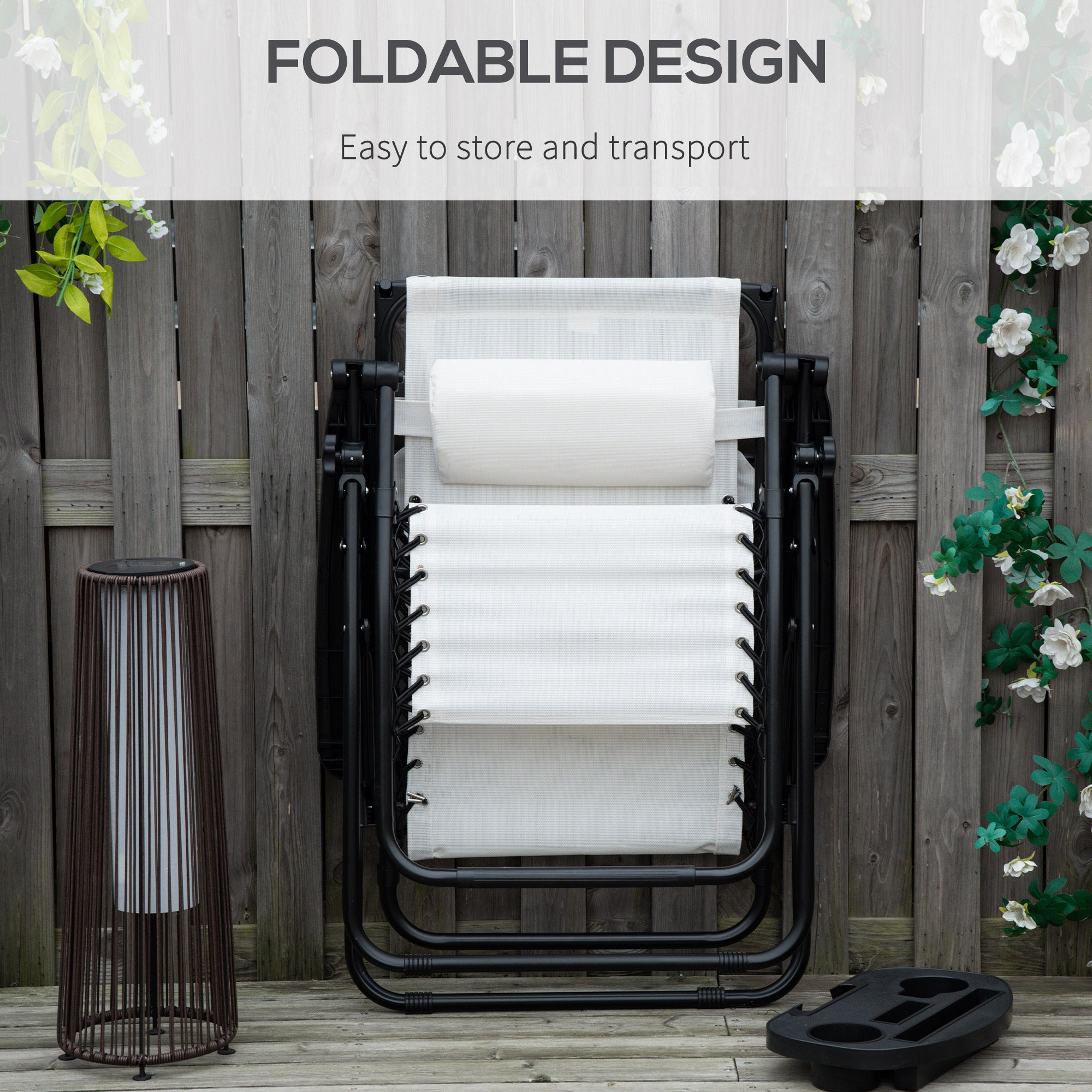 Zero Gravity Sun Lounger Folding Patio w/Cup Holder & Canopy Shade White