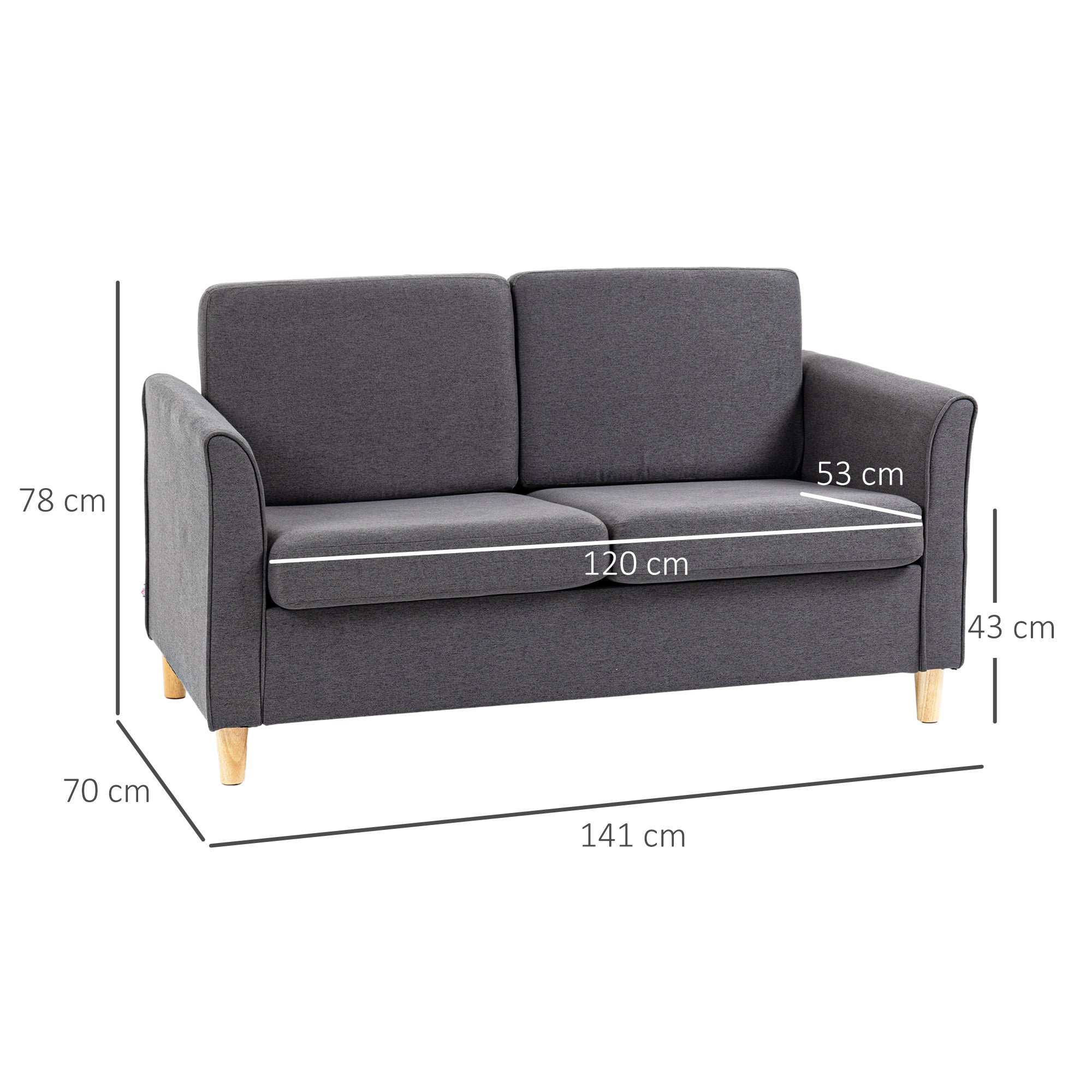 Compact Loveseat Sofa, 2 Seater with Wood Legs, Dark Grey