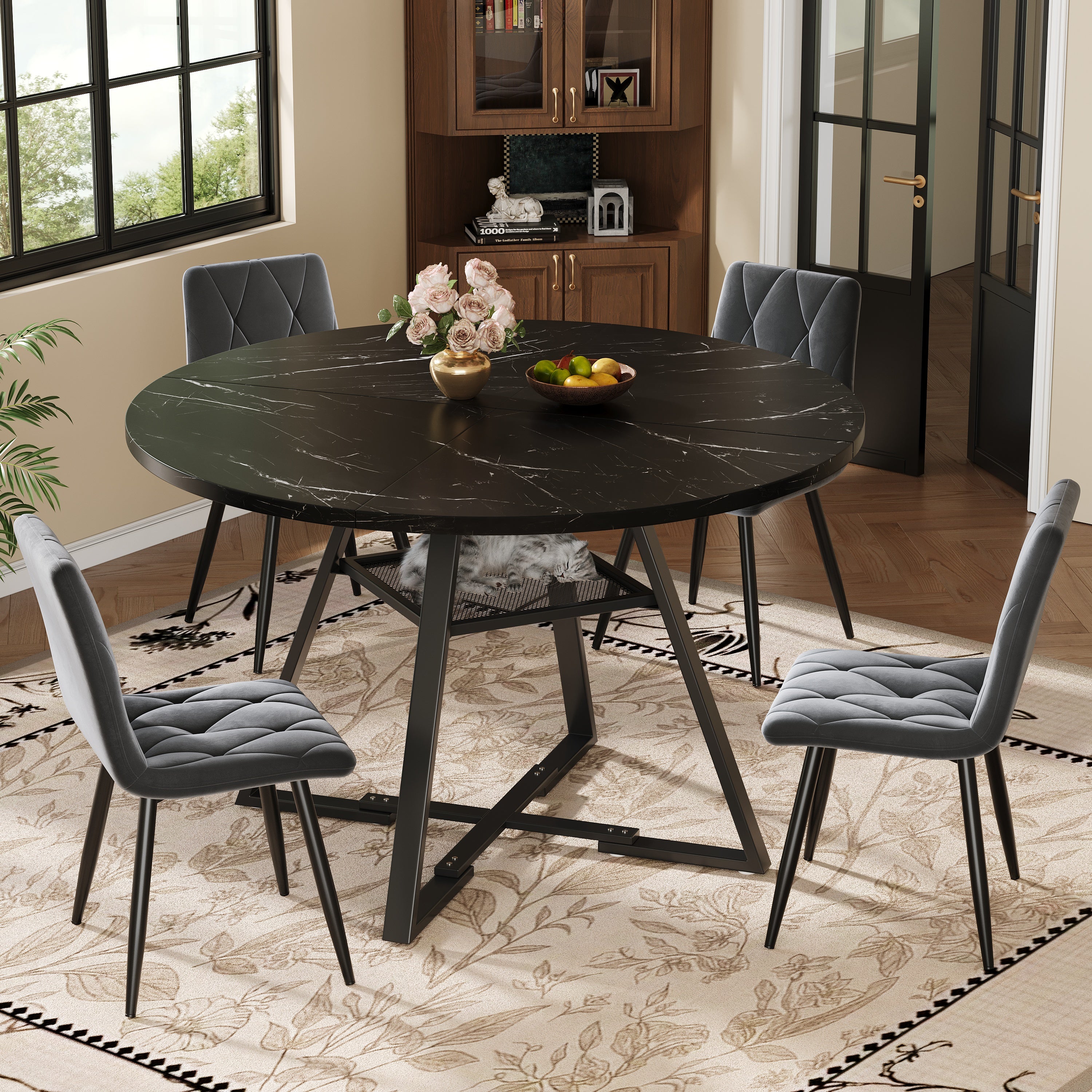 Round Dining Table Metal Legs Marble Look - Black/White