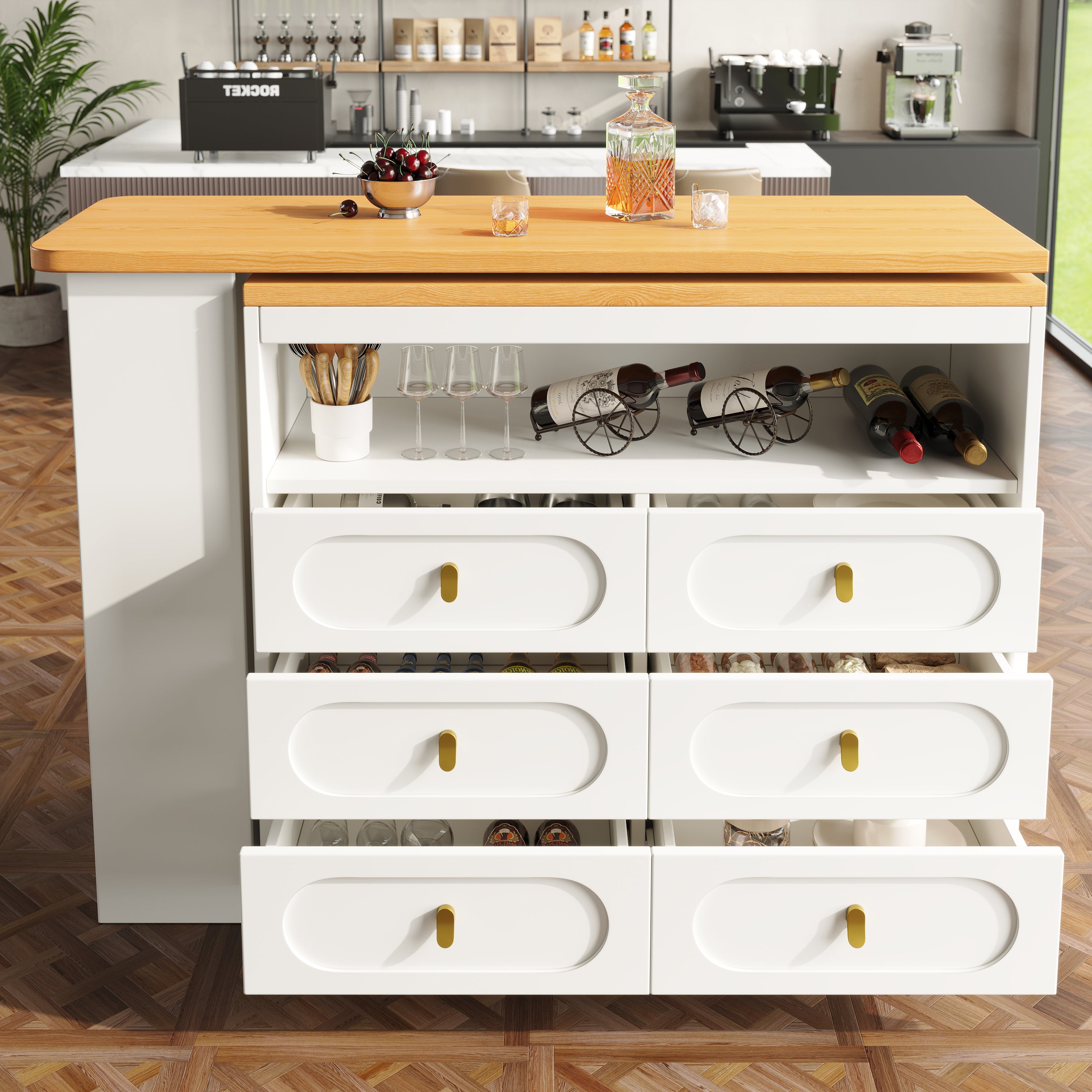 Extendable Rolling Bar Table 360° Swivel Storage Drawers - White