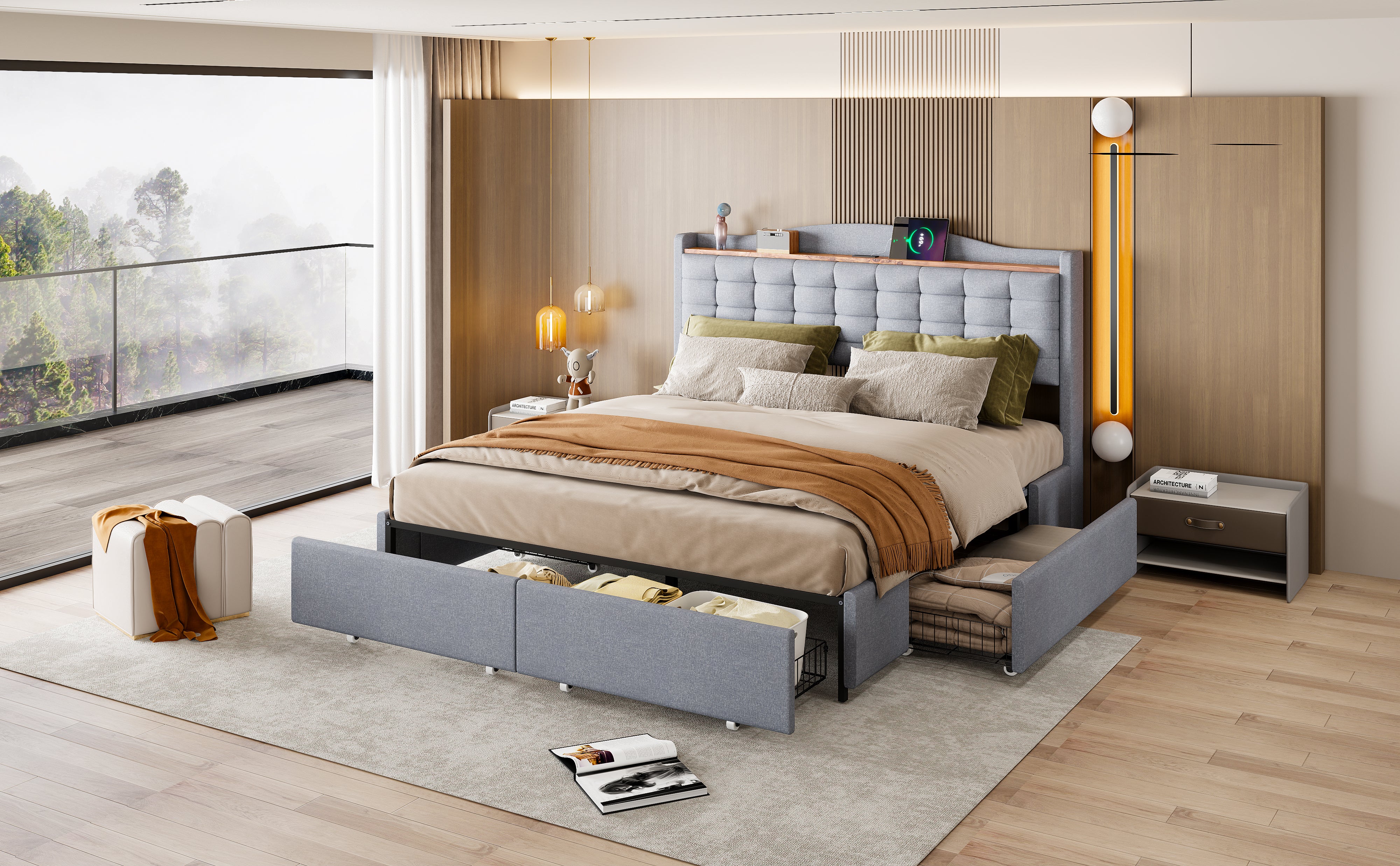 Upholstered Bed 160x200cm, USB Charging, 4-Drawer, Linen Fabric Gray