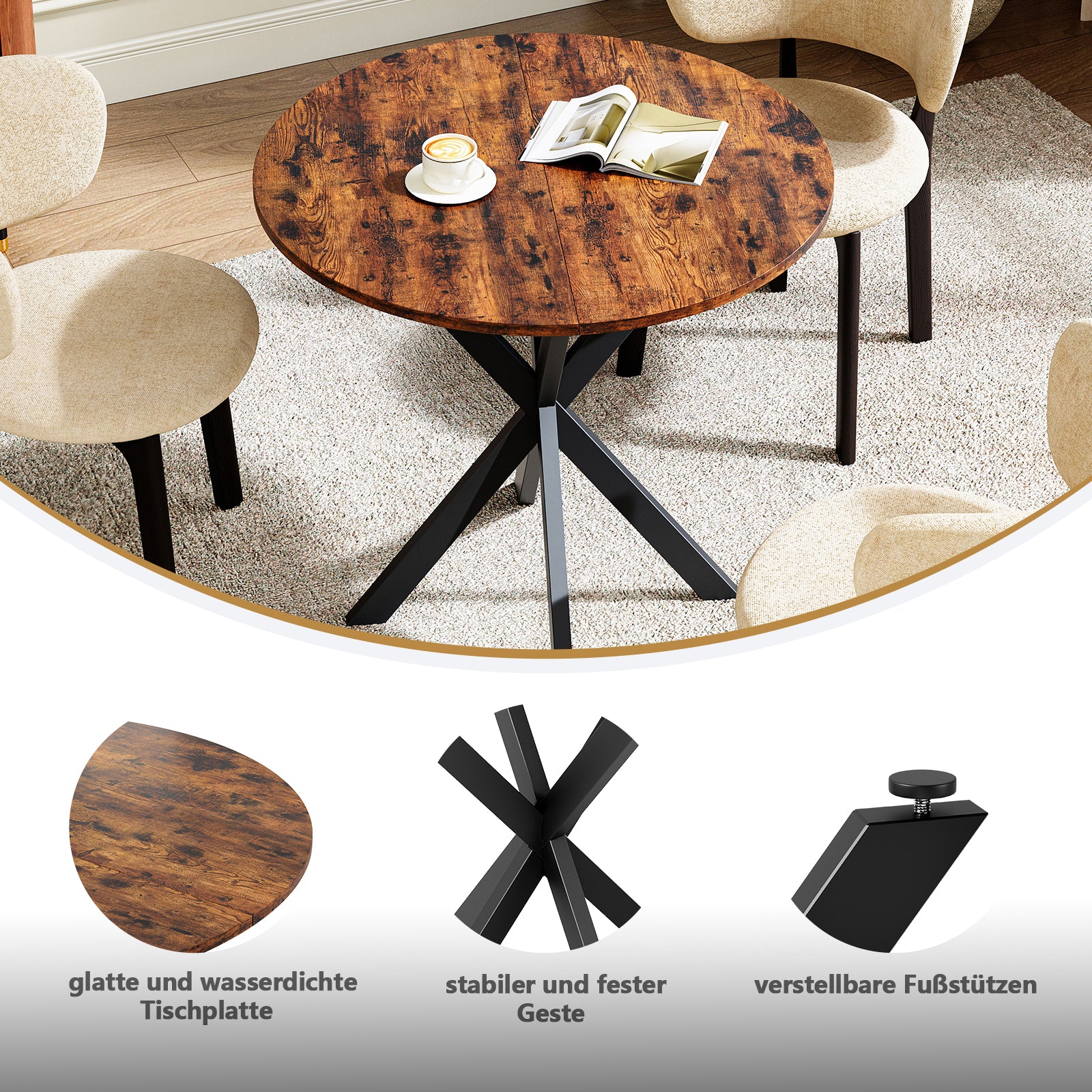 Round Dining Table Ø80 cm Industrial X-legs Vintage Brown-Black