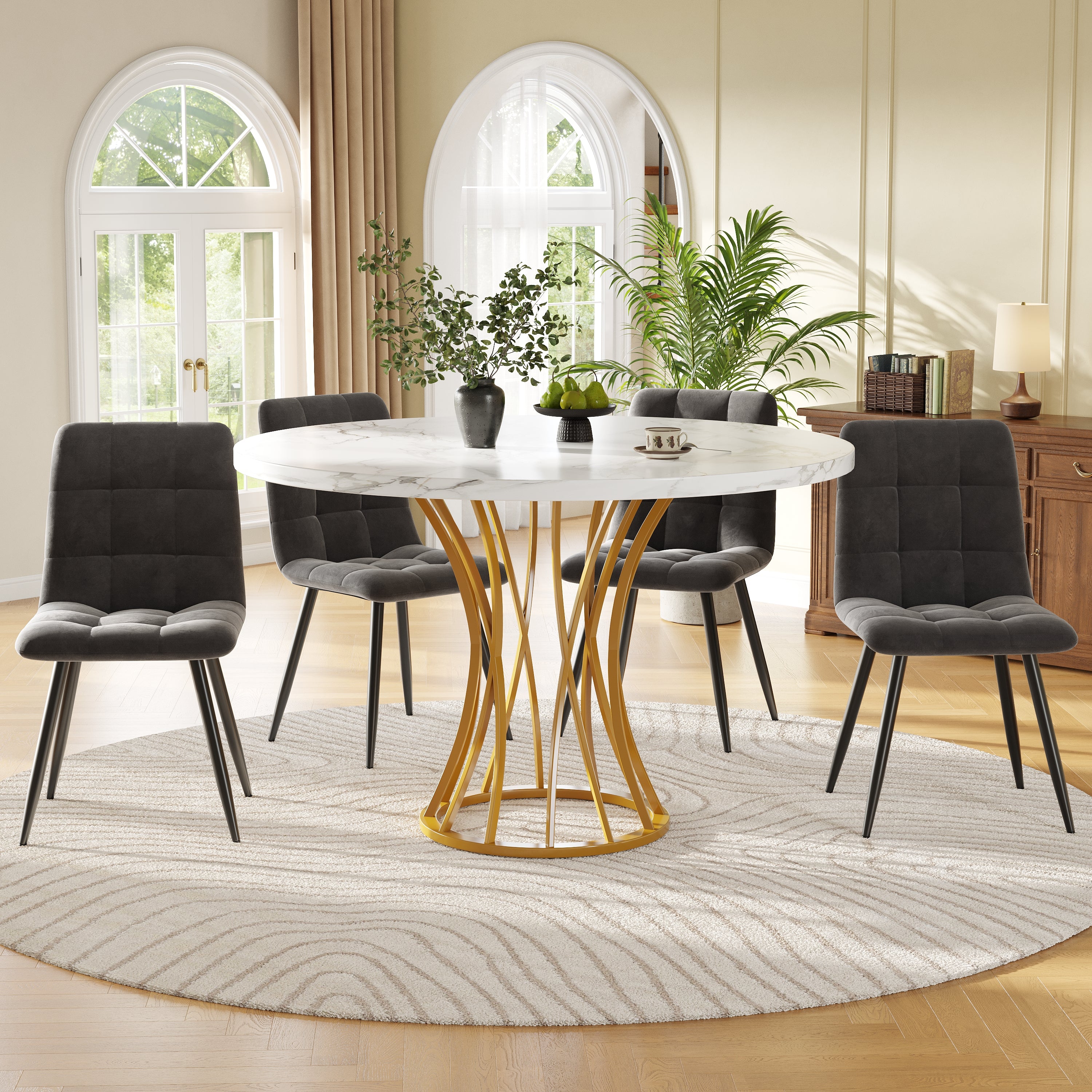 Dining Table Set, 5-Piece Round 80cm, White Marble & Grey Velvet