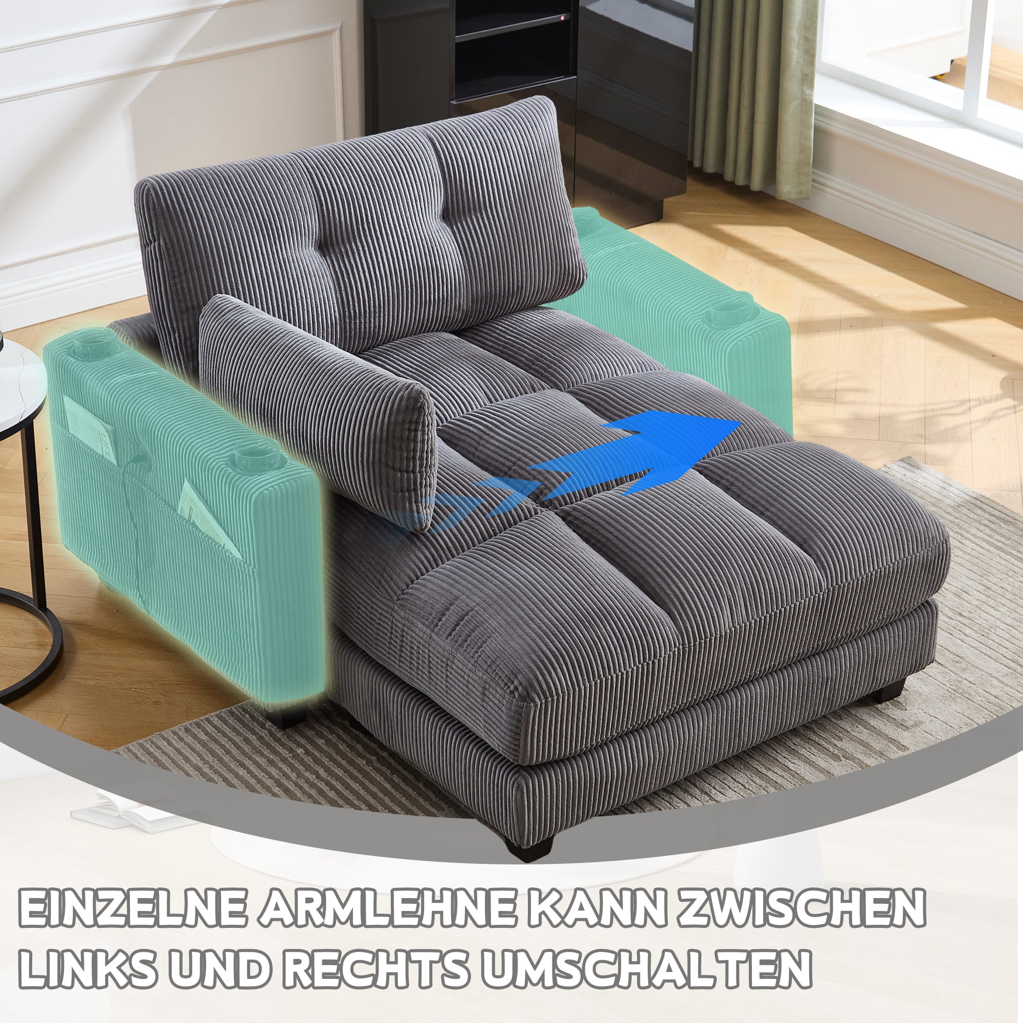 Palm Chair, Fluffy Upholstery, Rolling Cushions, Cup Holders, Side Pocket, Gray