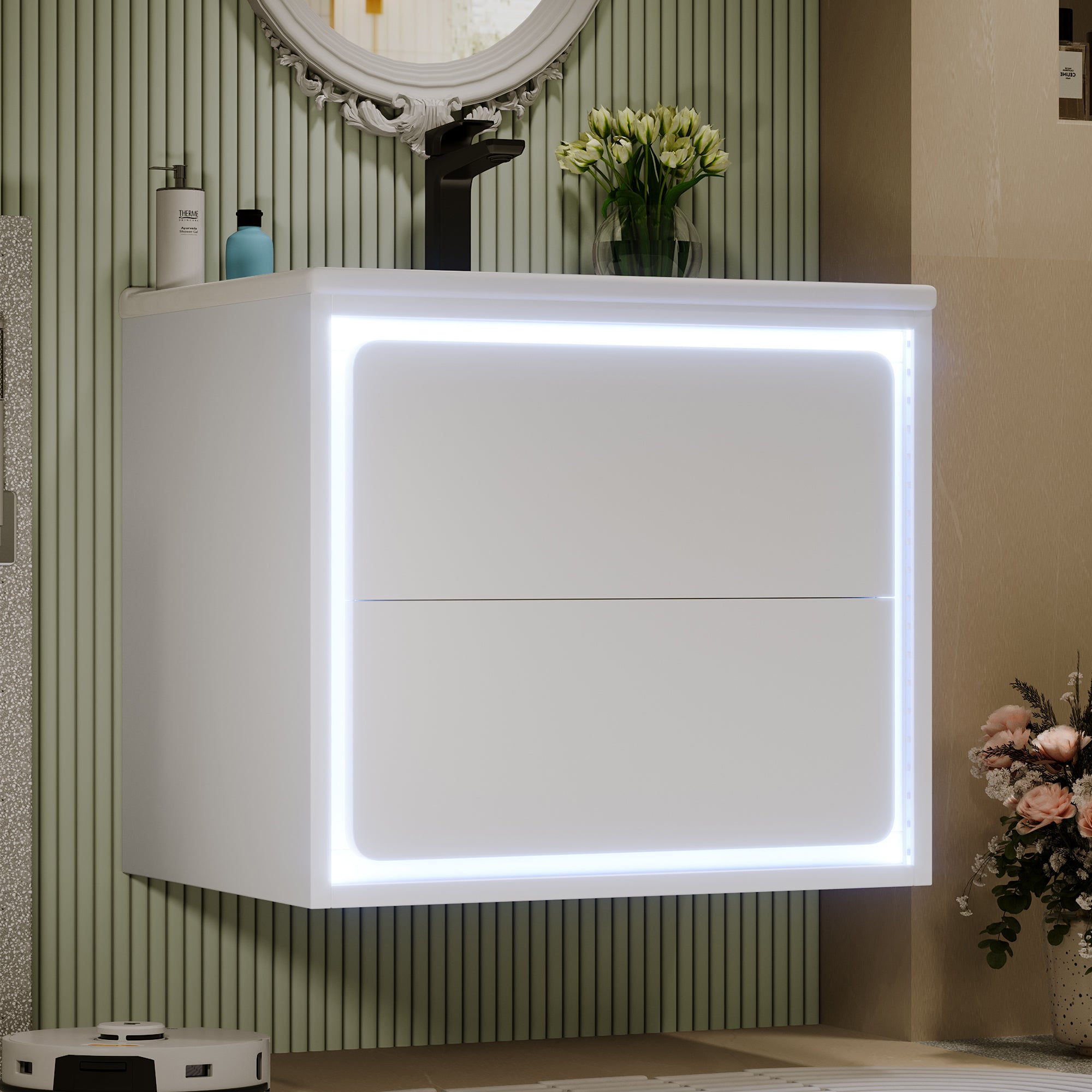 Wall-Mounted Bathroom Vanity Unit with Integrated Sink and LED Radar Sensor Lighting, White