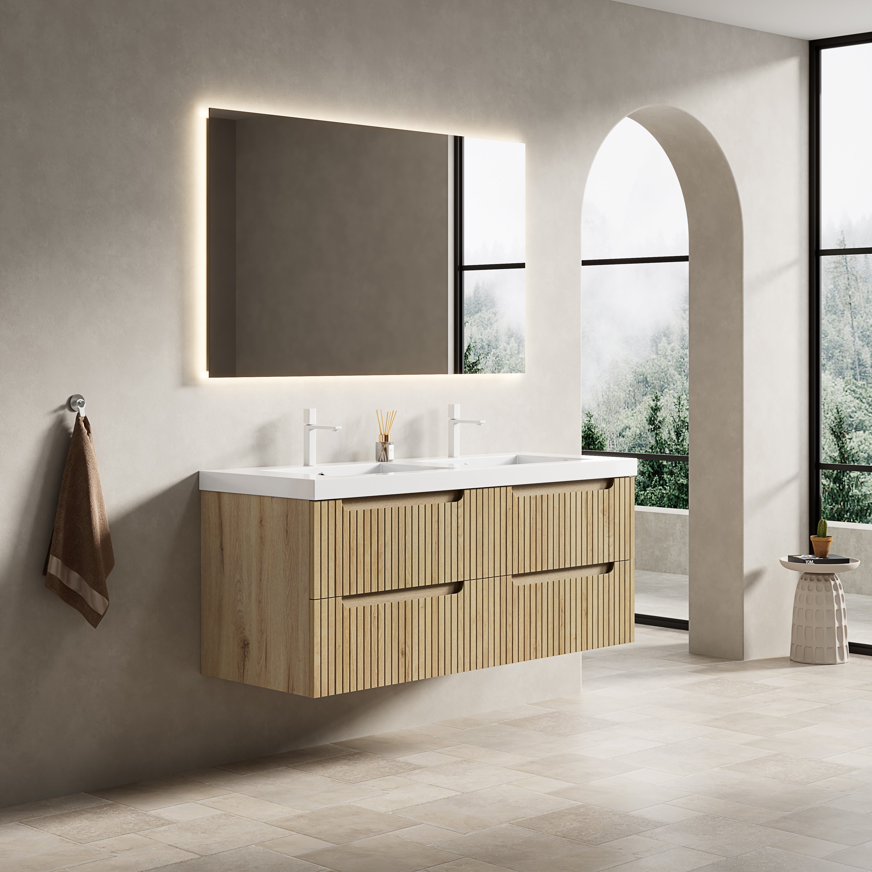 Floating Bathroom Vanity Unit with 2 Undermount Sinks and 4 Drawers, White Oak Wood Grain